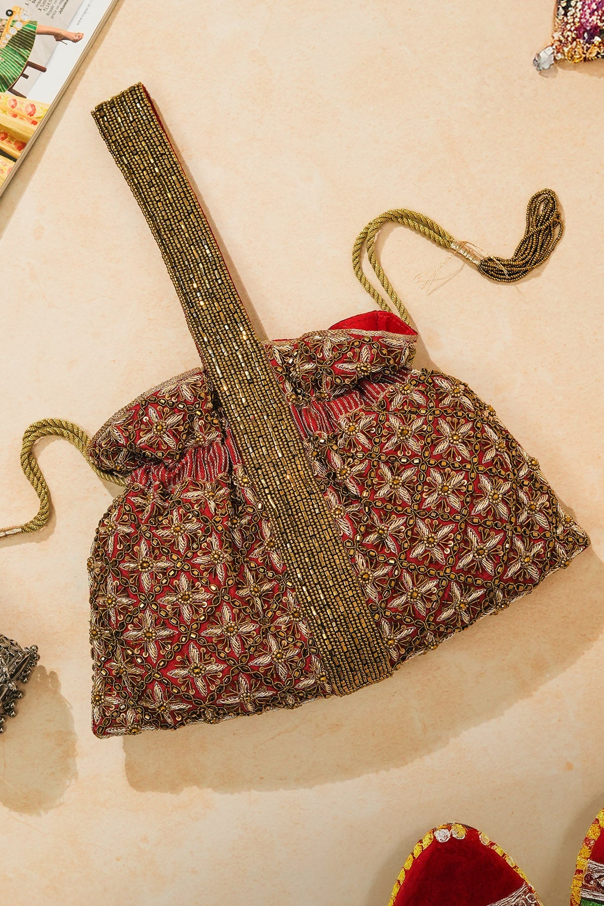 Buy Red Raw Silk Floral Bead Potli for women by the Purple sack online available at scrollnshops