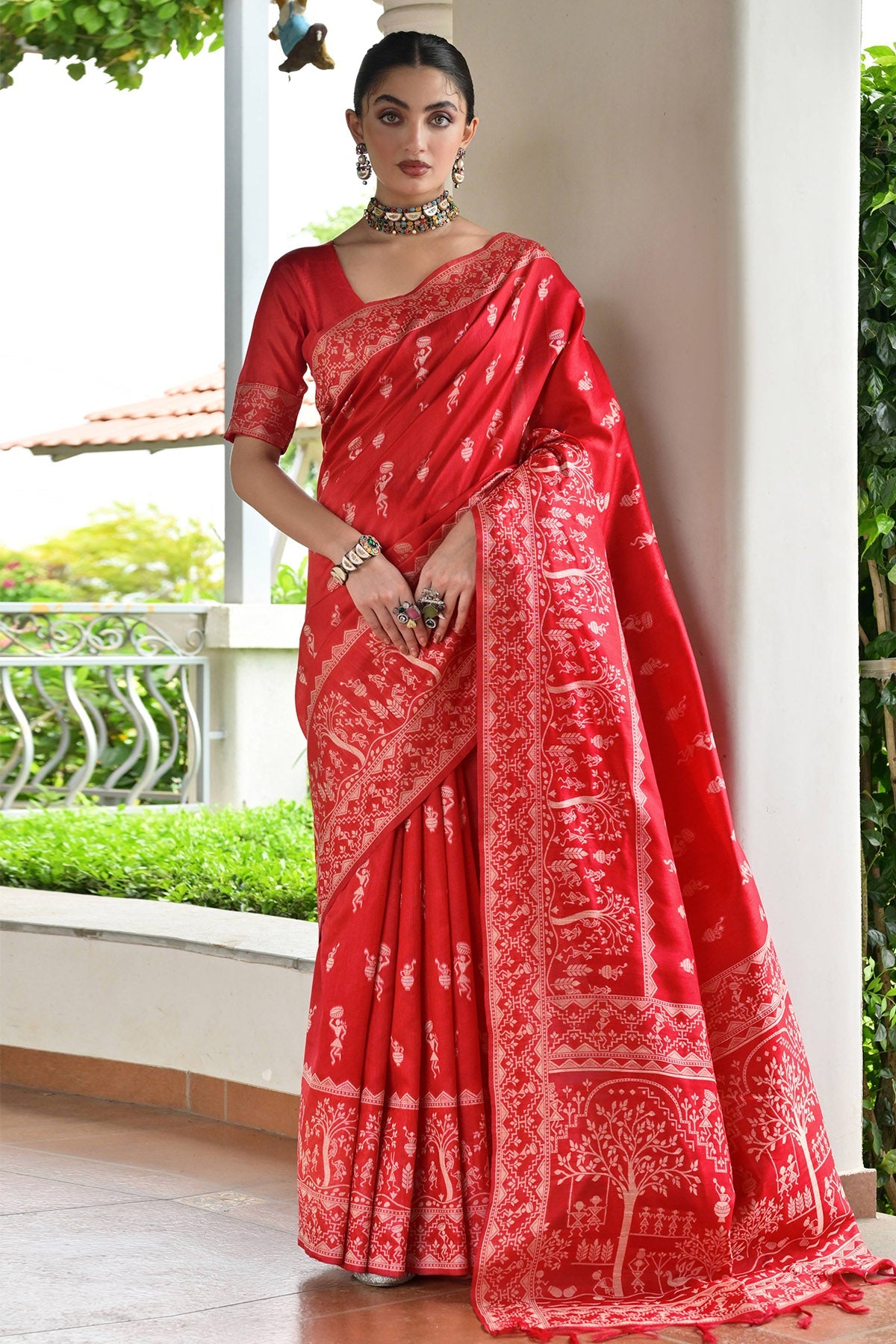 Buy Red Raw Silk Thread Woven Saree for women by Lili Lala Designer online available at scrollnshops