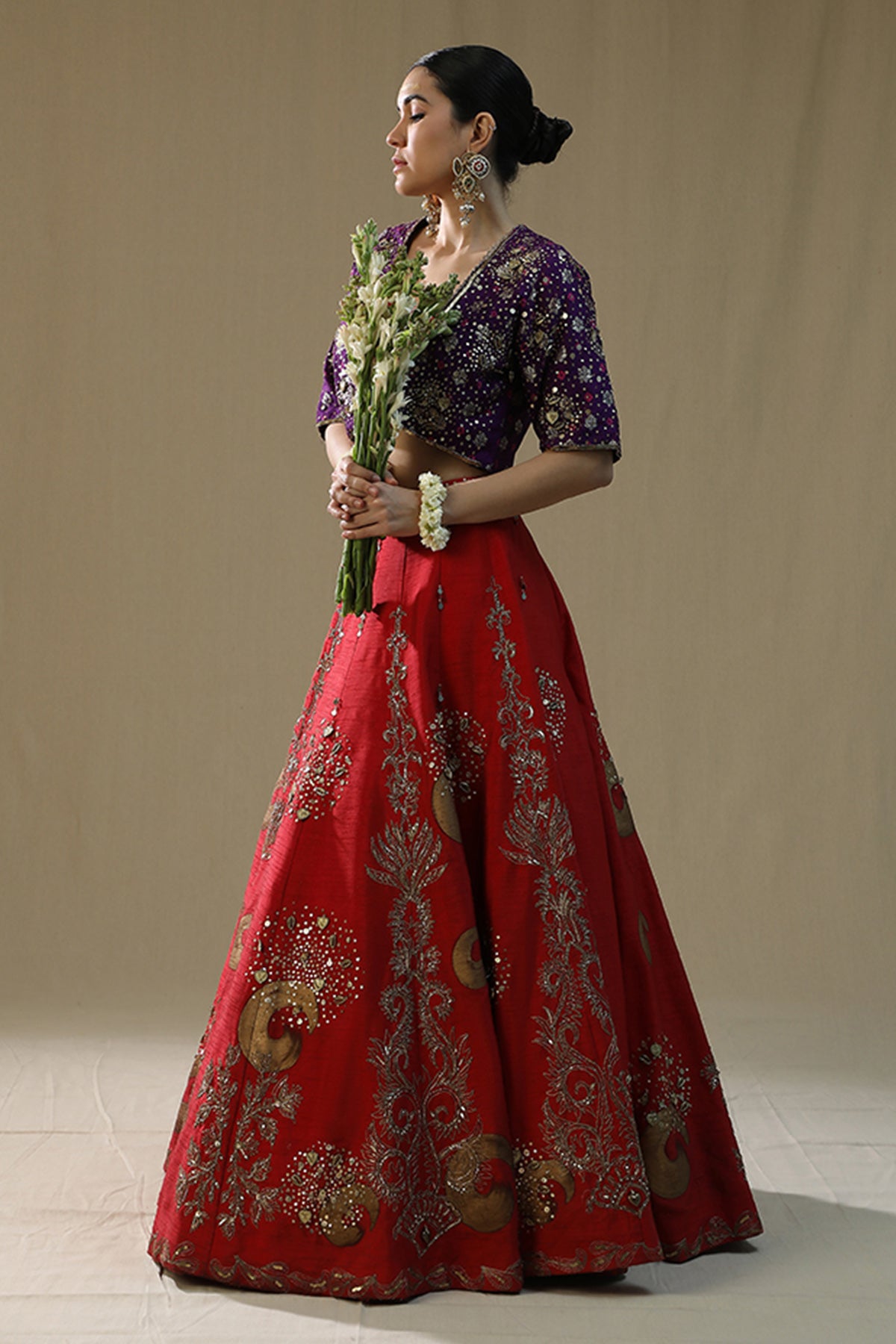 Red Raw Silk Zardozi Lehenga Set