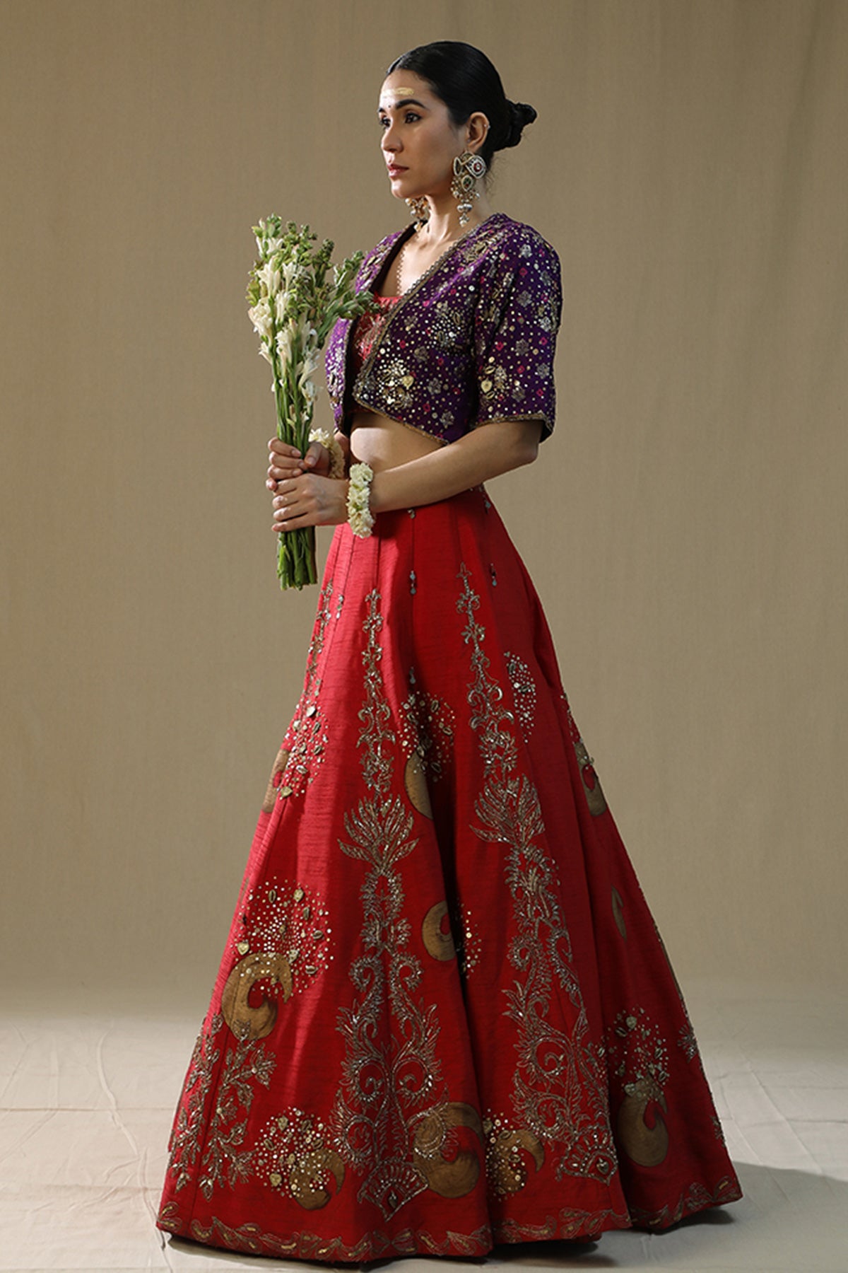 Red Raw Silk Zardozi Lehenga Set