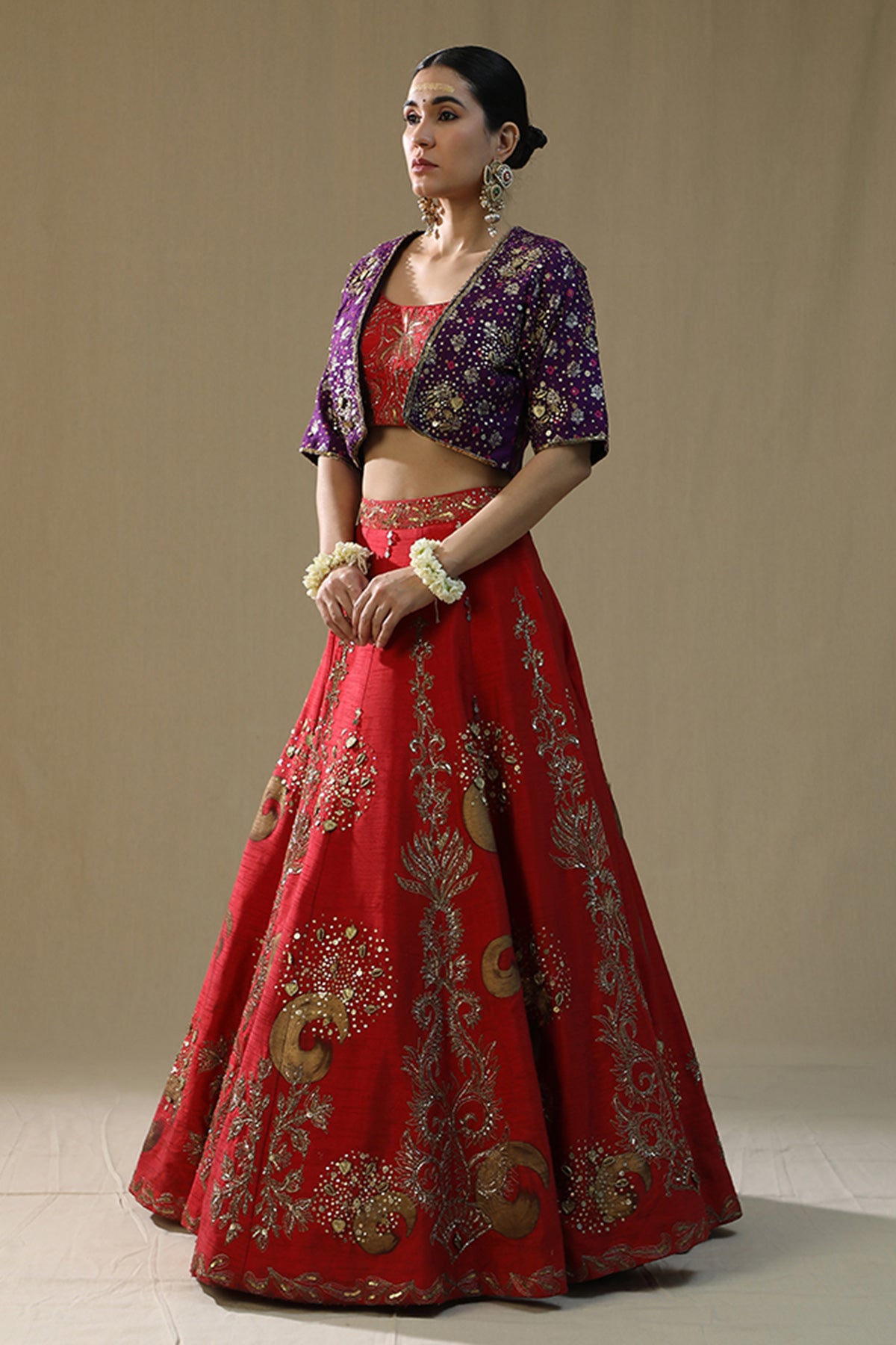 Red Raw Silk Zardozi Lehenga Set