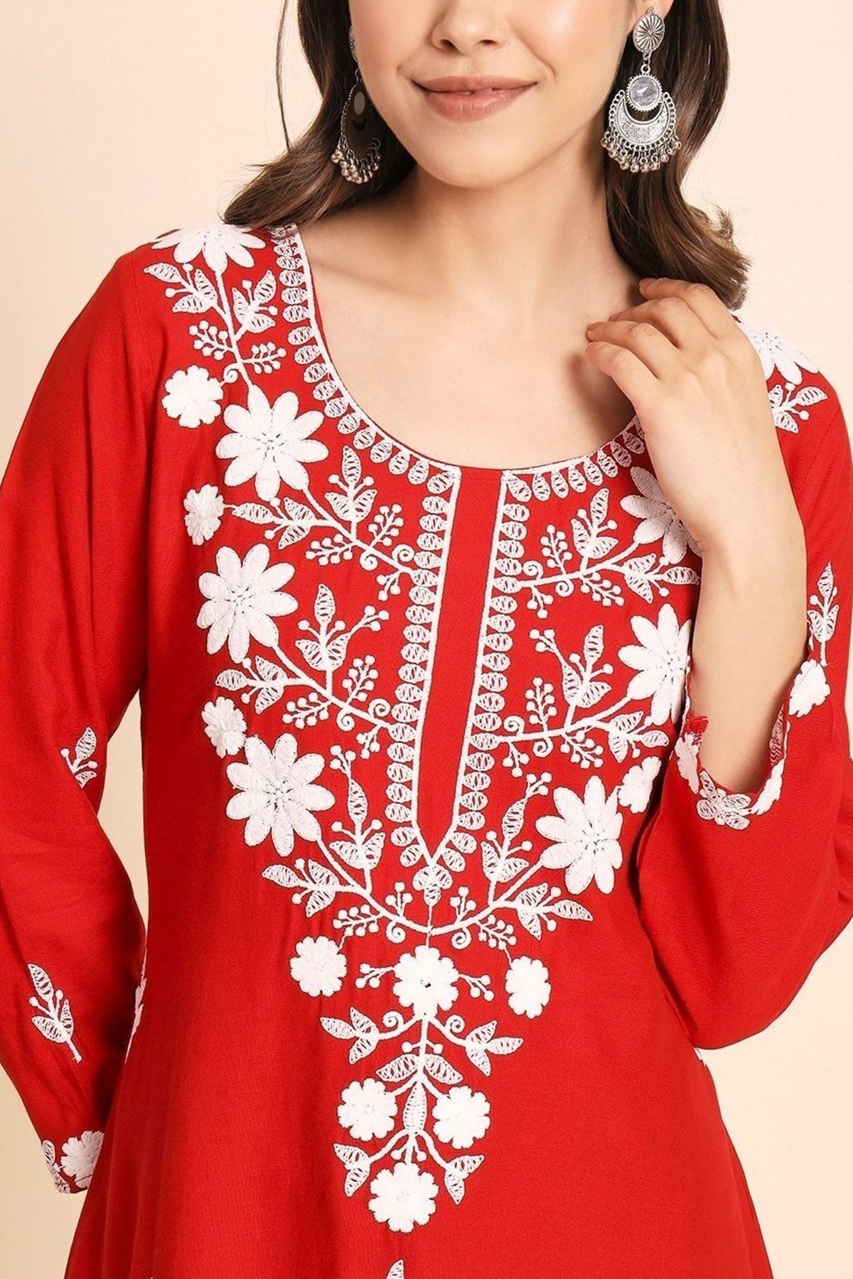 Red Rayon Floral Lucknowi Kurta