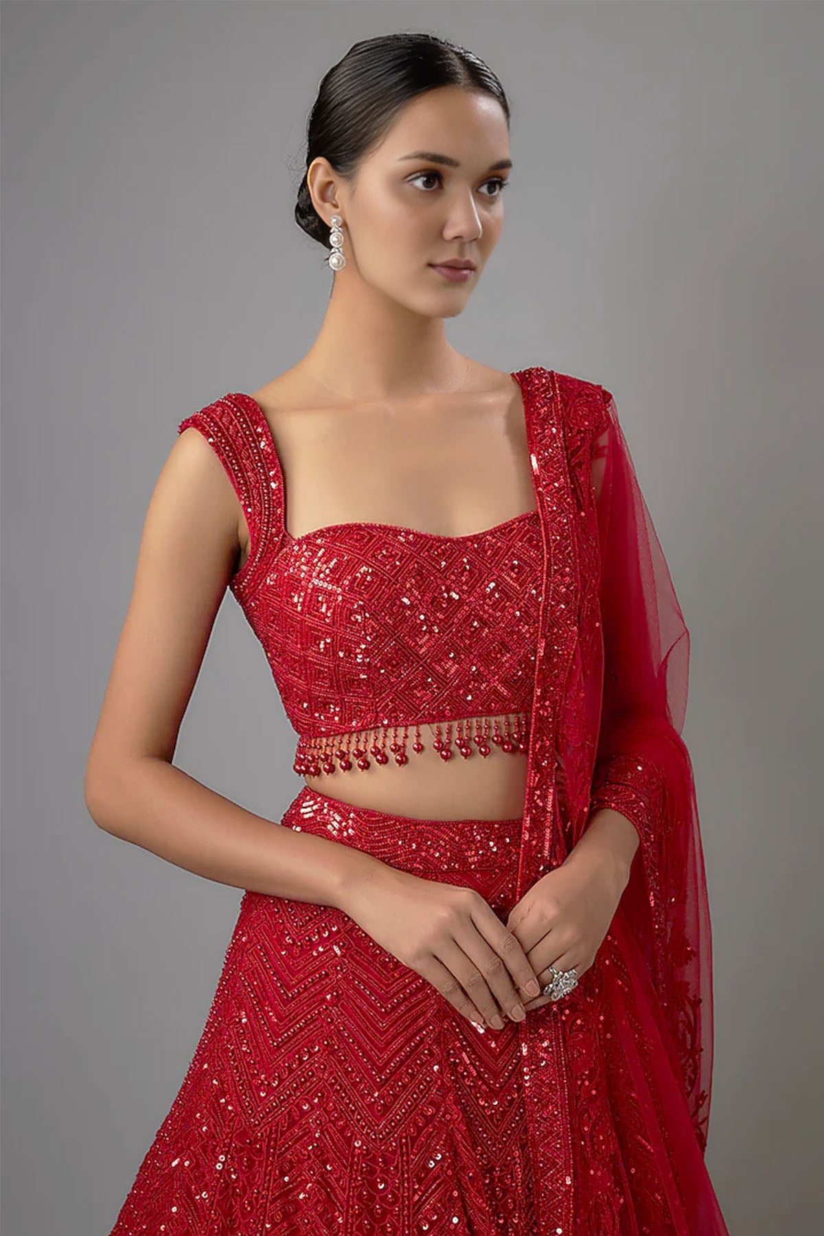 Red Resham Work Net Lehenga Set