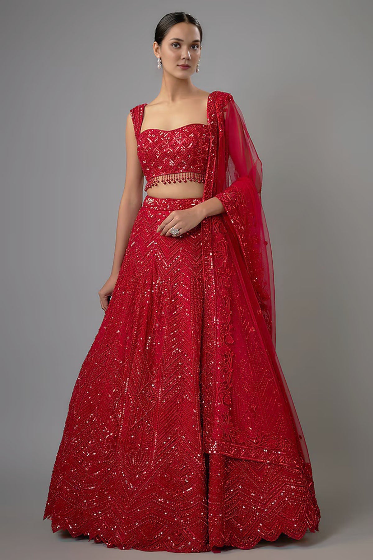 Buy Red Resham Work Net Lehenga Set by Shlok Design for women online at ScrollnShops