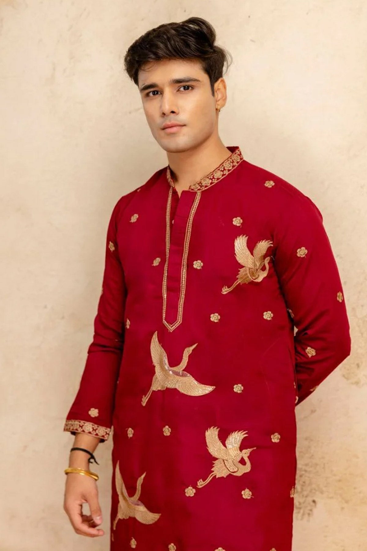 Red Roman Embroidery Work Kurta