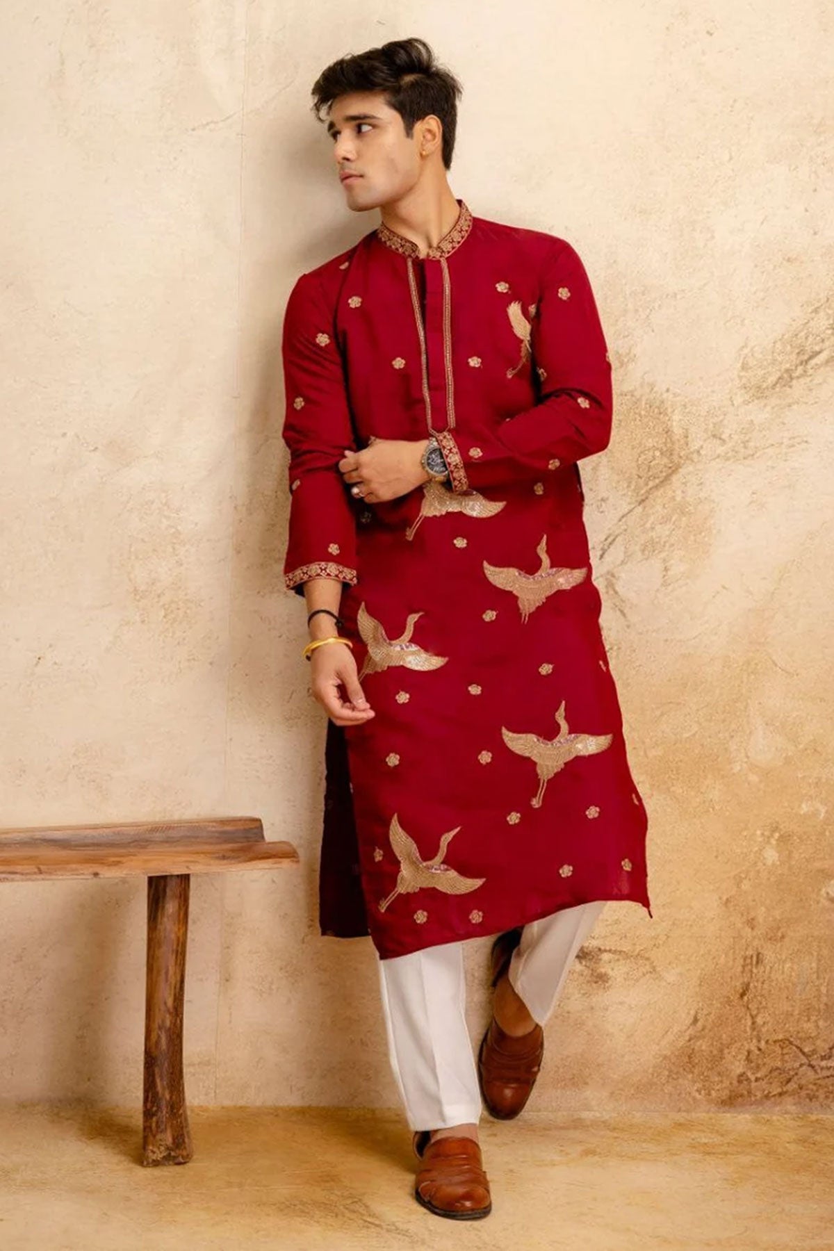 Red Roman Embroidery Work Kurta