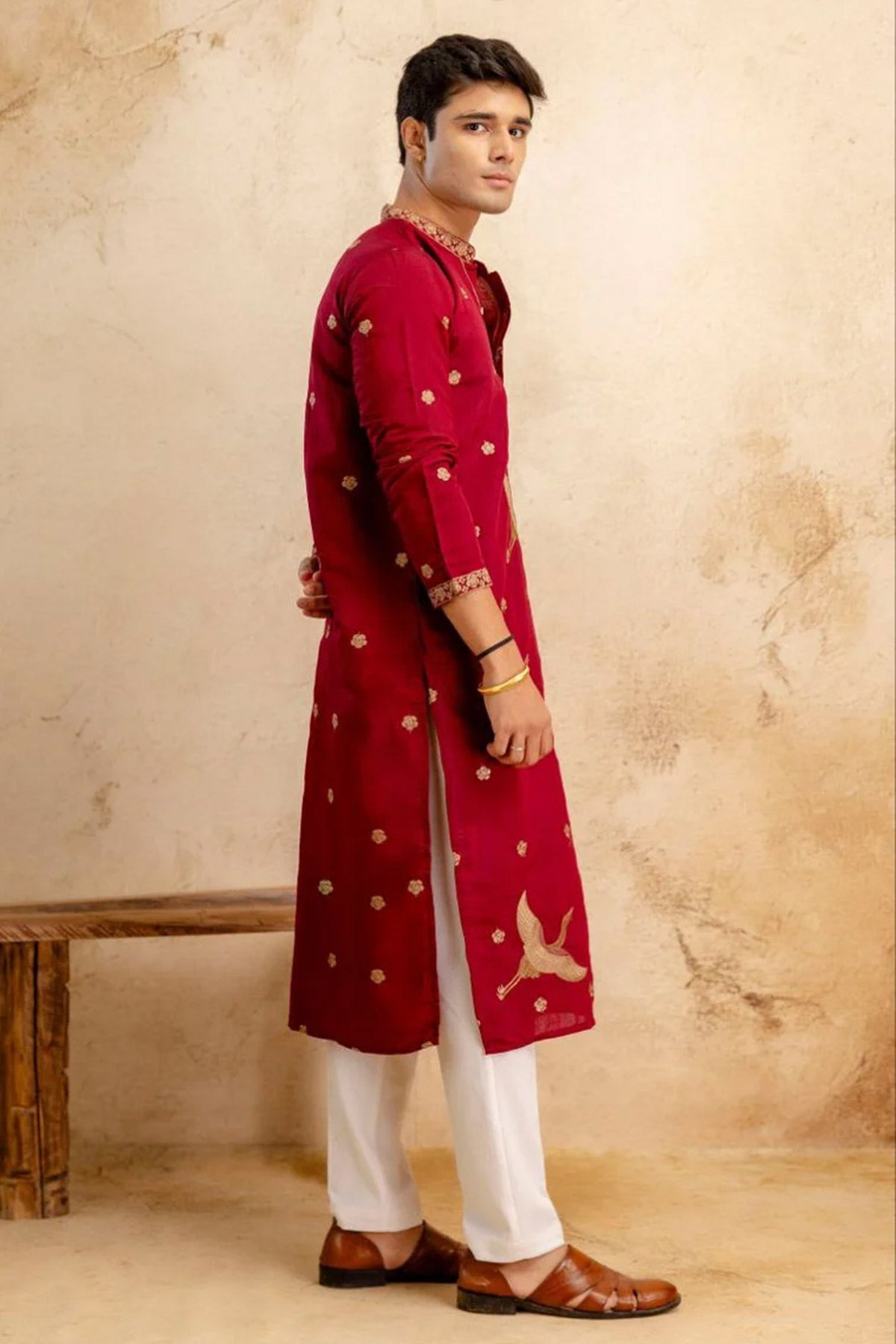 Red Roman Embroidery Work Kurta
