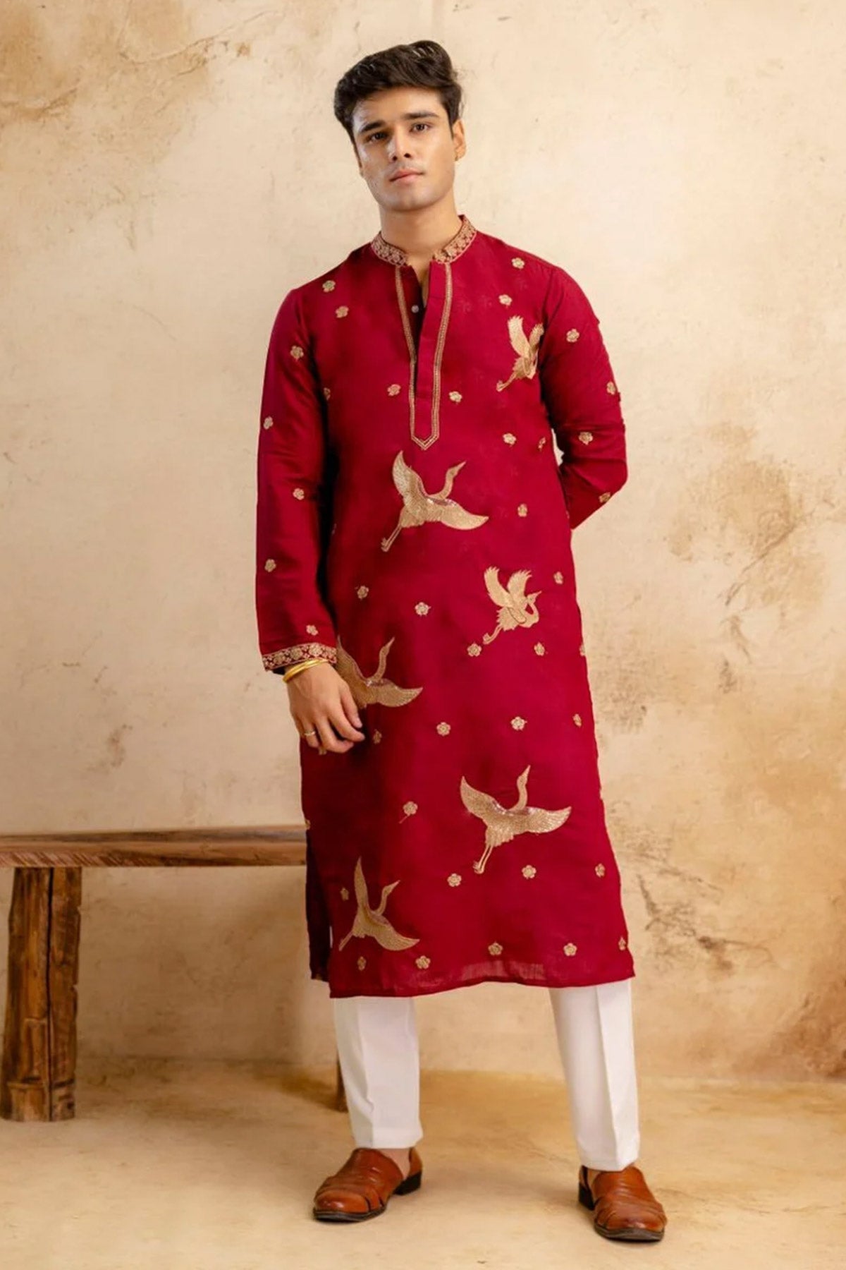 Buy Red Roman Embroidery Work Kurta for men by Aastha Fashion online available at scrollnshops