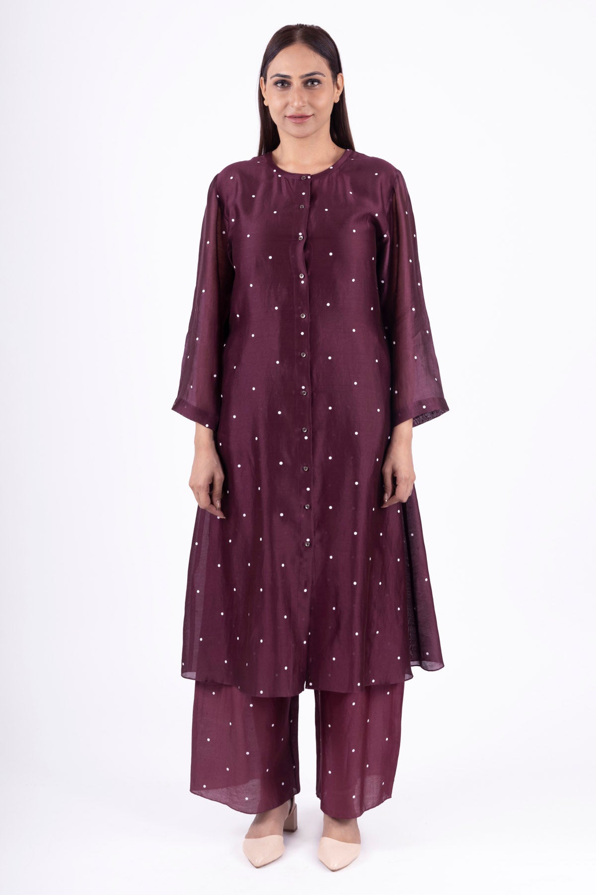 Red Round Neck Dot Kurta Set