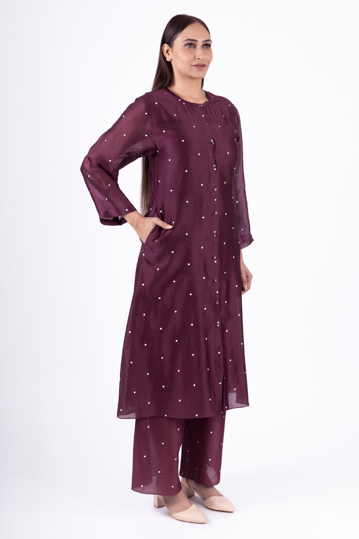 Red Round Neck Dot Kurta Set