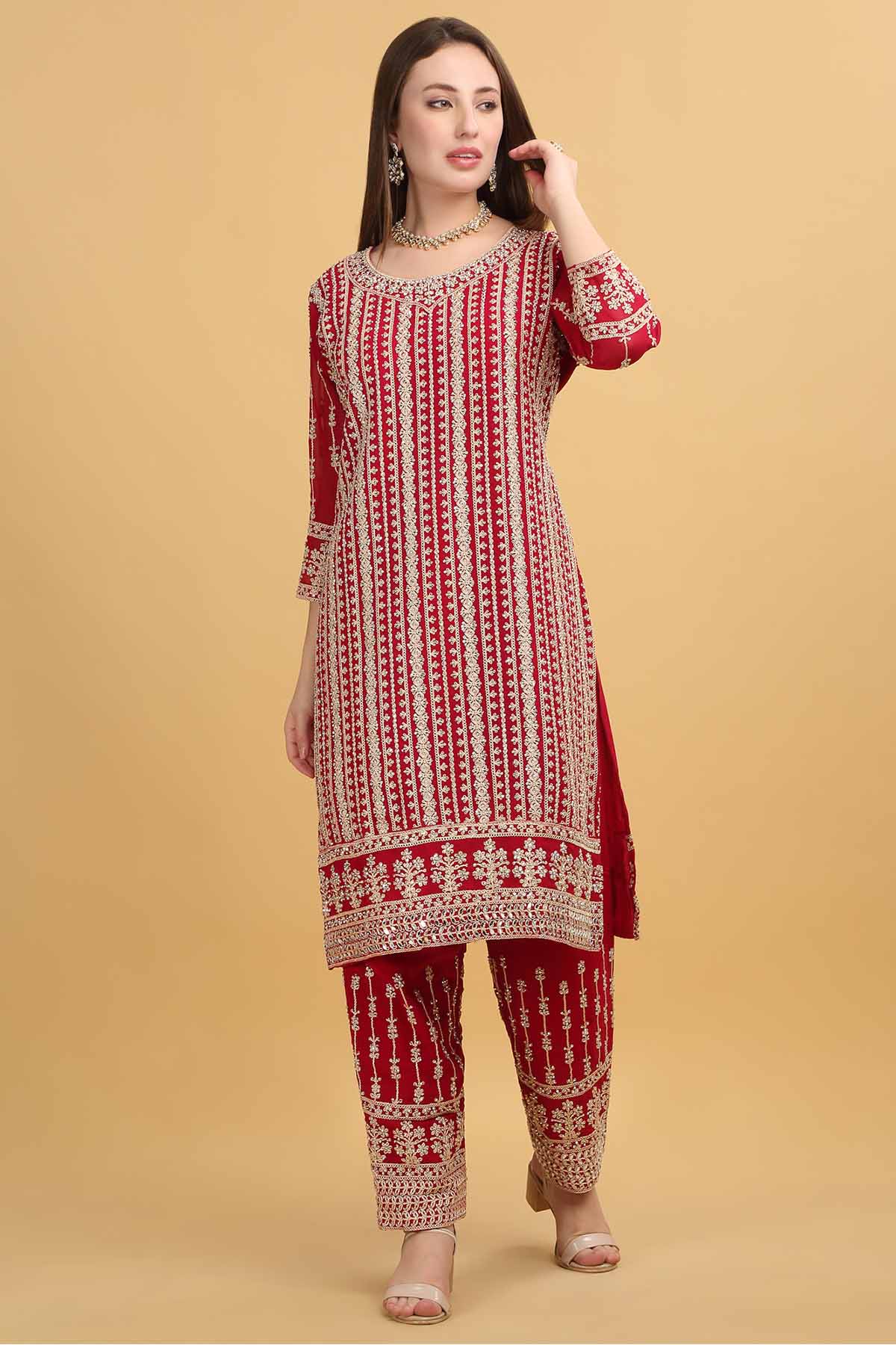 Red Round Neck Zari Kurta Set