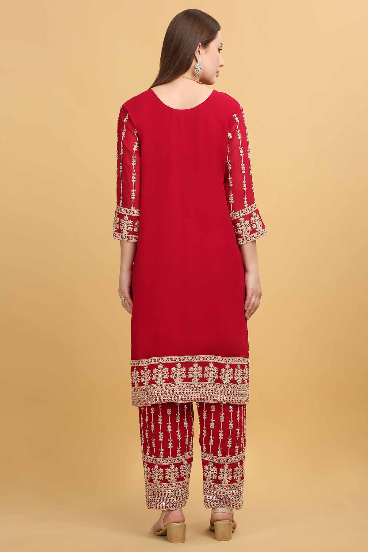 Red Round Neck Zari Kurta Set