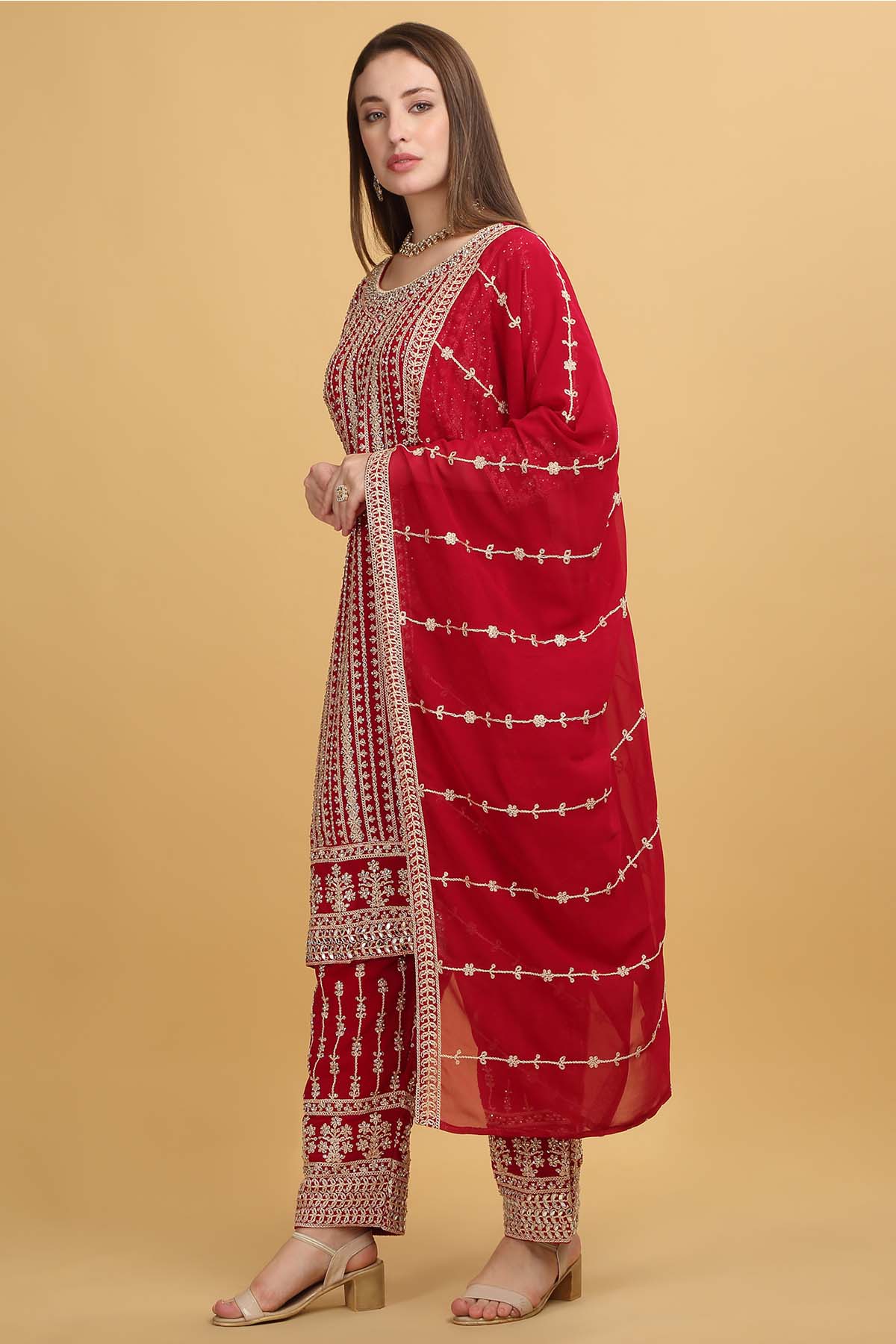 Red Round Neck Zari Kurta Set