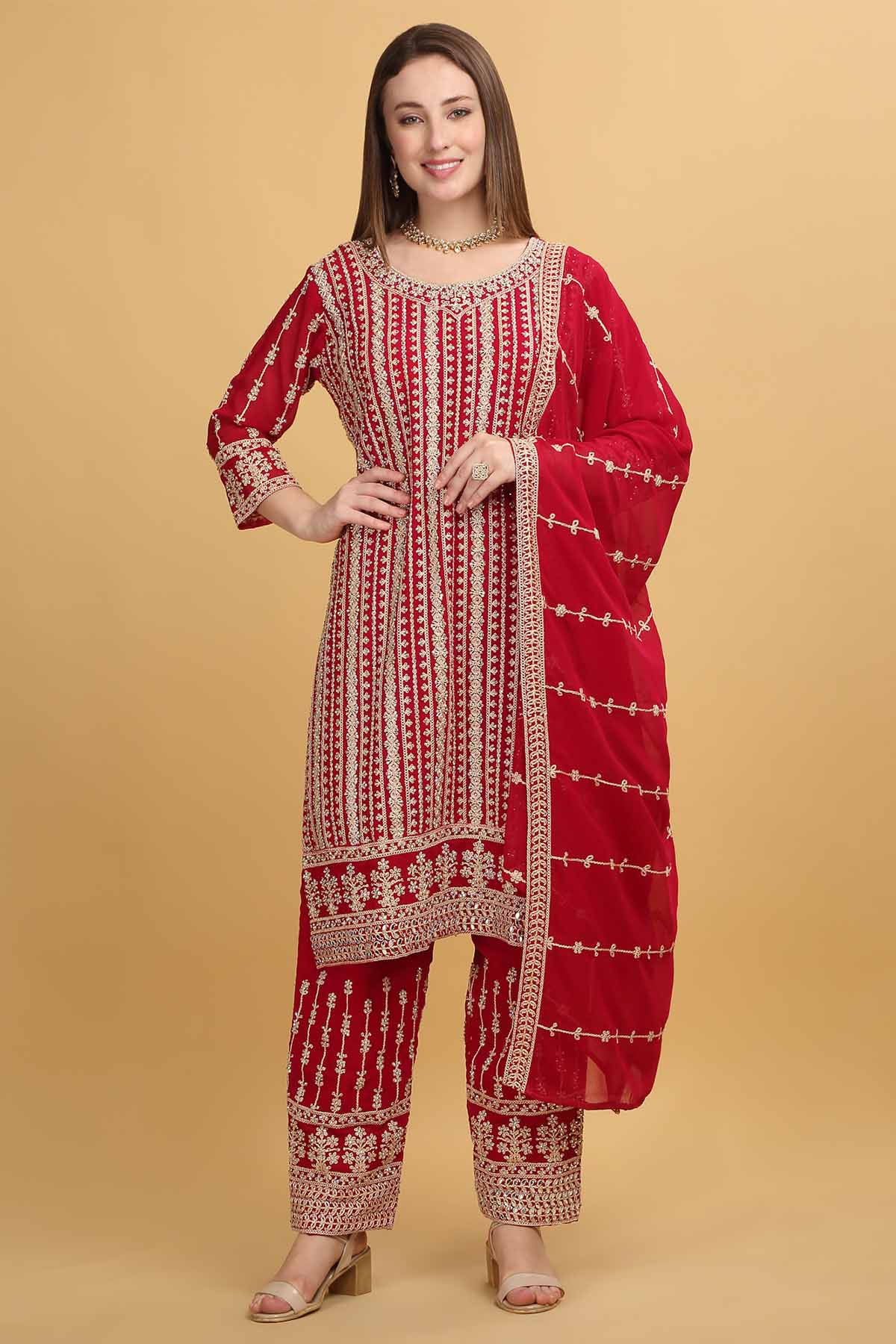 Buy Red Round Neck Zari Kurta Set by Aham Vayam for women online at ScrollnShops