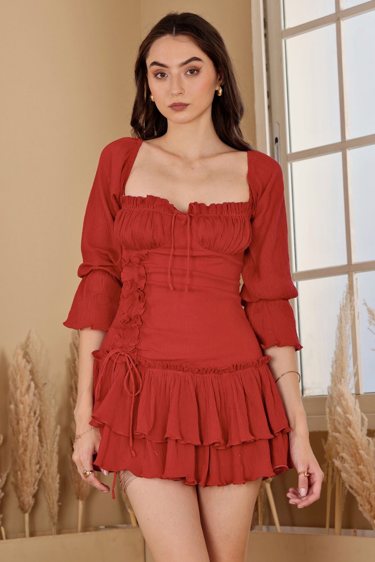 Red Ruched Bodice Mini Dress