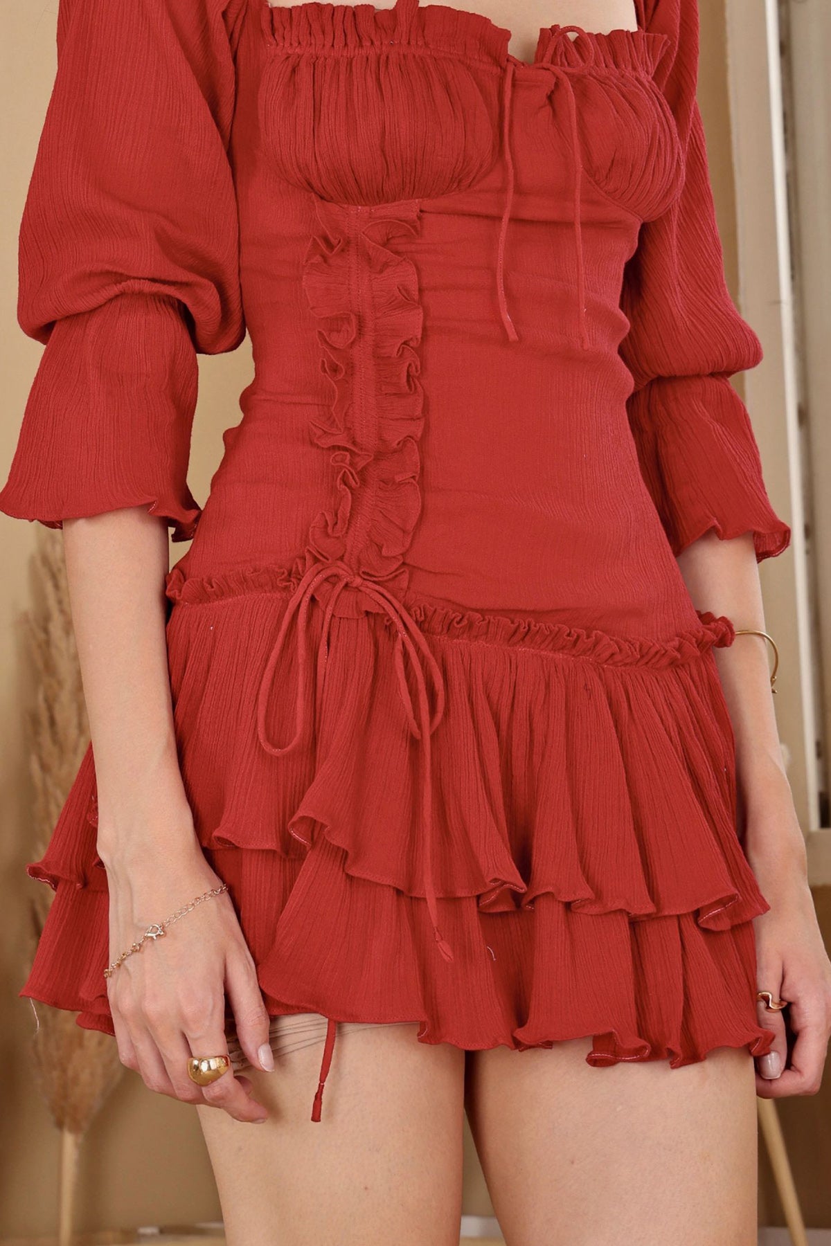 Red Ruched Bodice Mini Dress