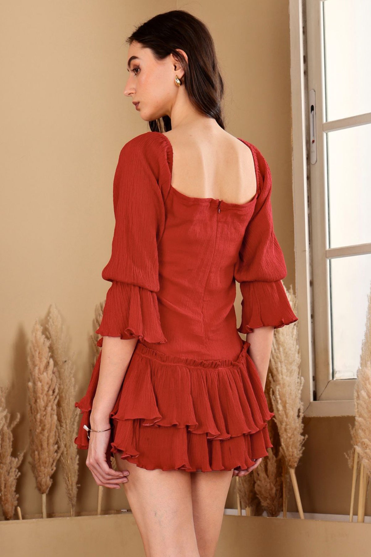Red Ruched Bodice Mini Dress