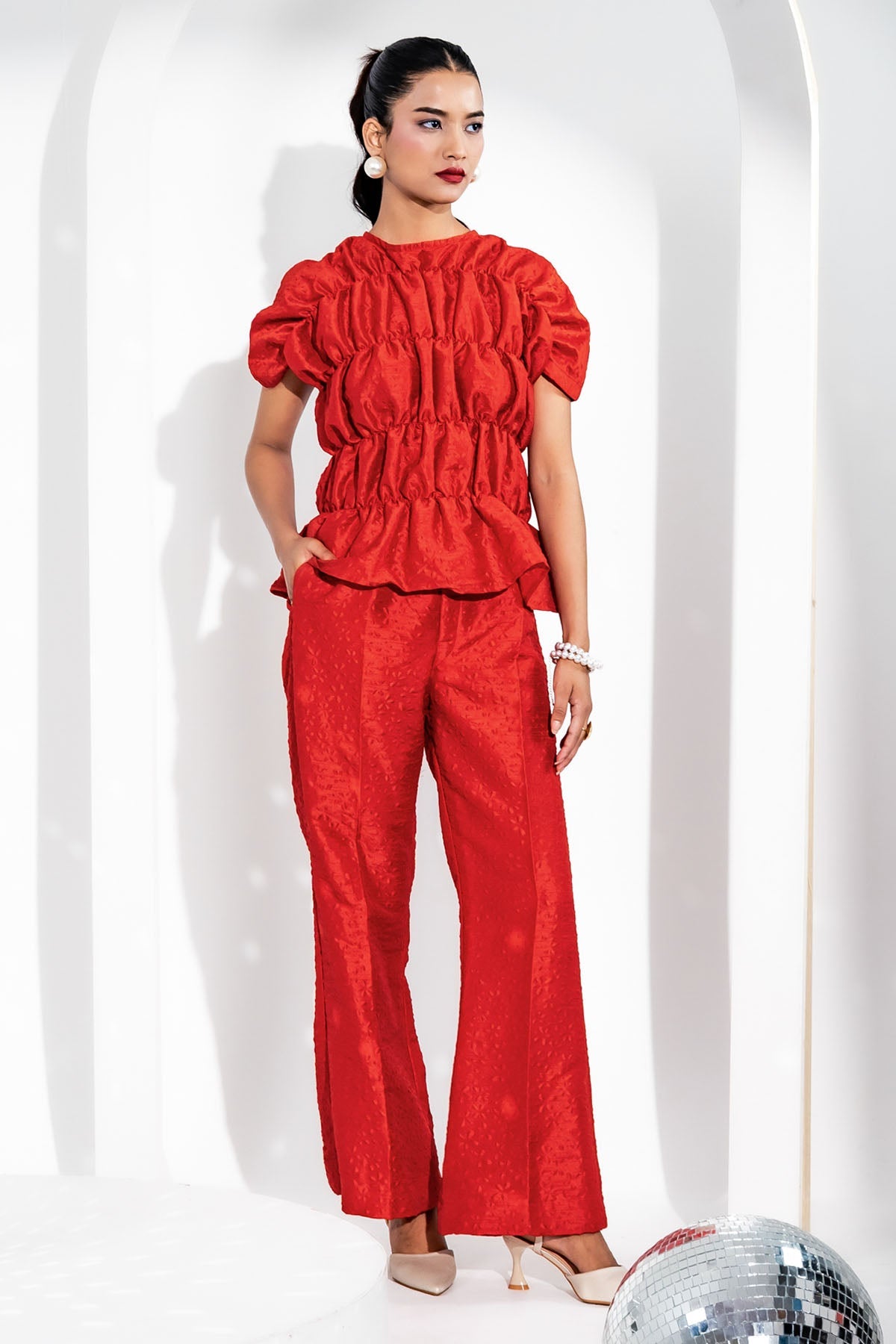 Enness Studio Red Ruched Top & Flare Pants for women online at ScrollnShops