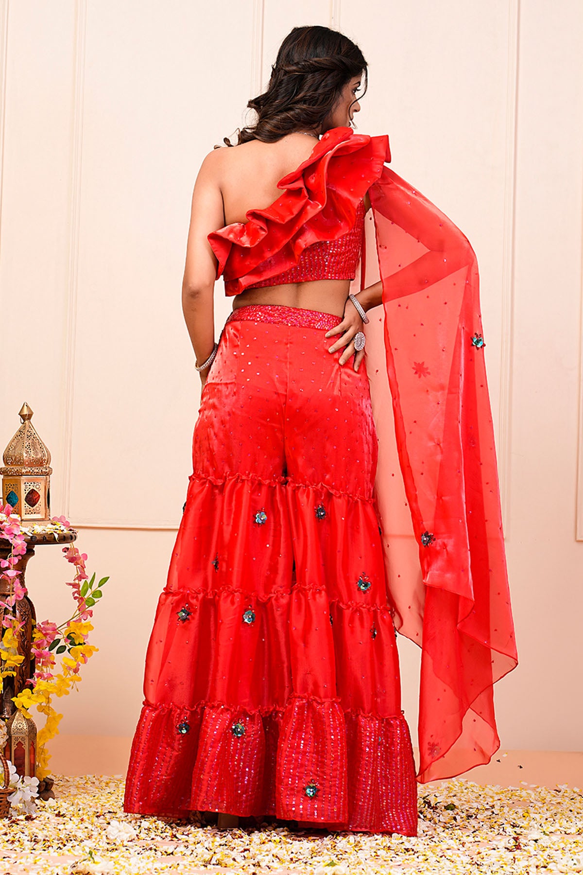 Red Ruffled Indo-Western Set