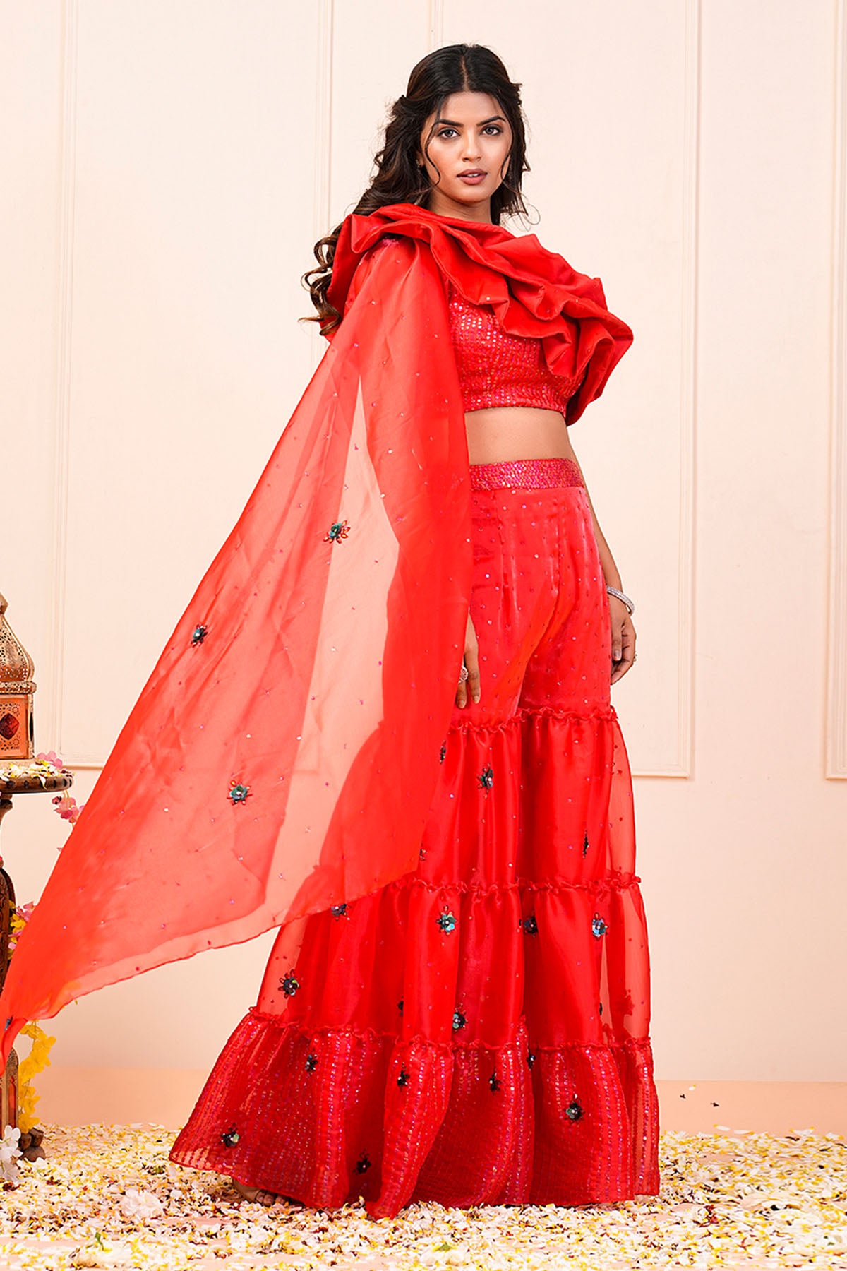 Red Ruffled Indo-Western Set