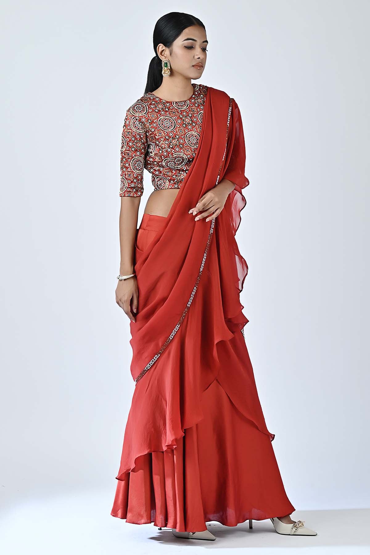 Red Ruffled Pre-Draped Saree