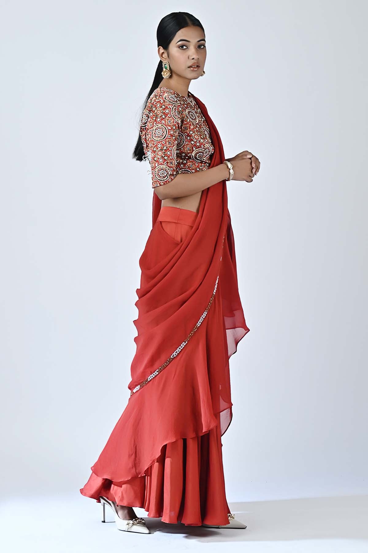 Red Ruffled Pre-Draped Saree