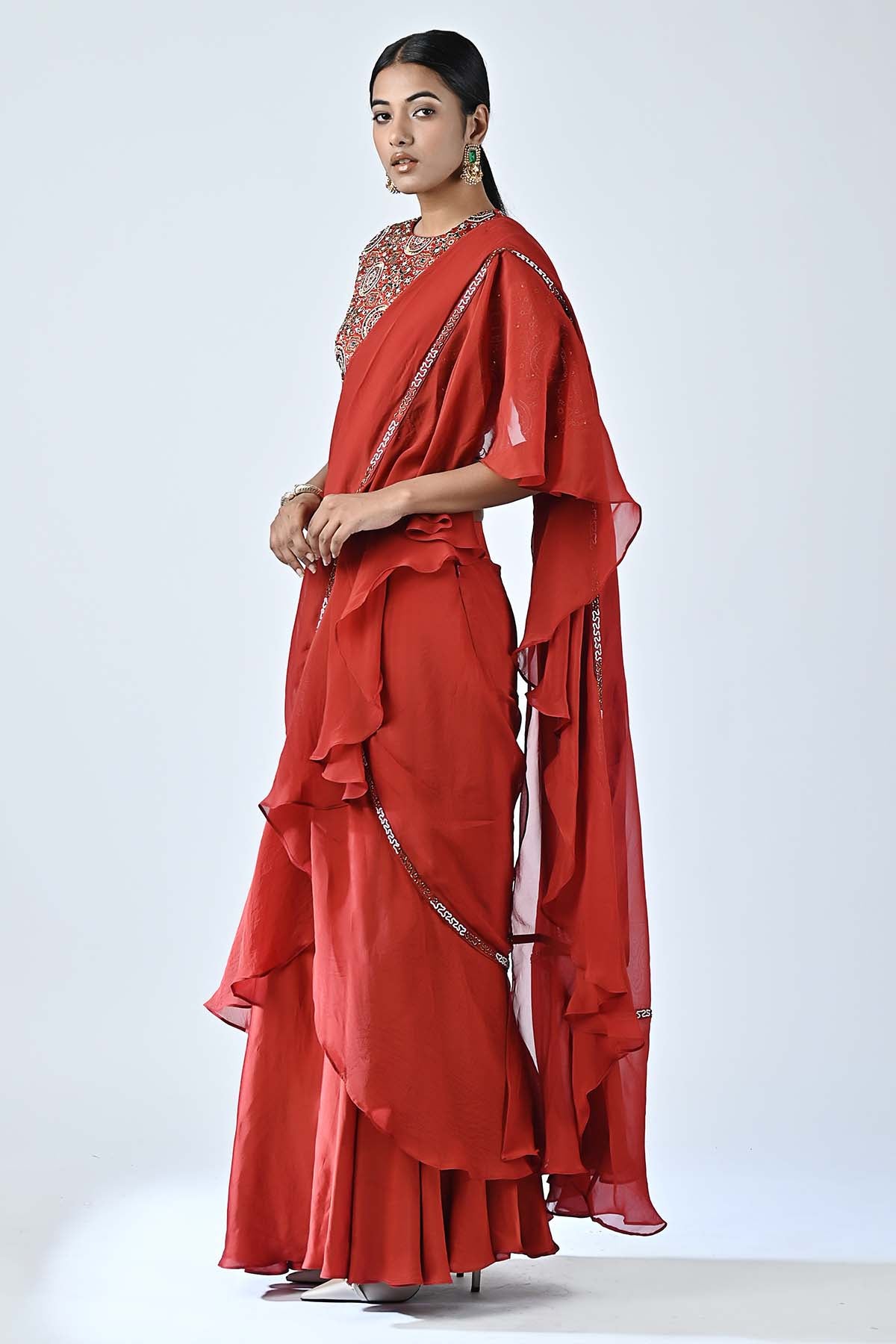 Red Ruffled Pre-Draped Saree