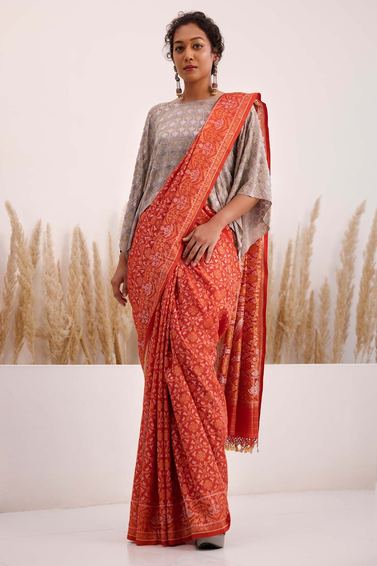 Chhaya Mehrotra Red Saree & Grey Kaftan Blouse for women online at ScrollnShops