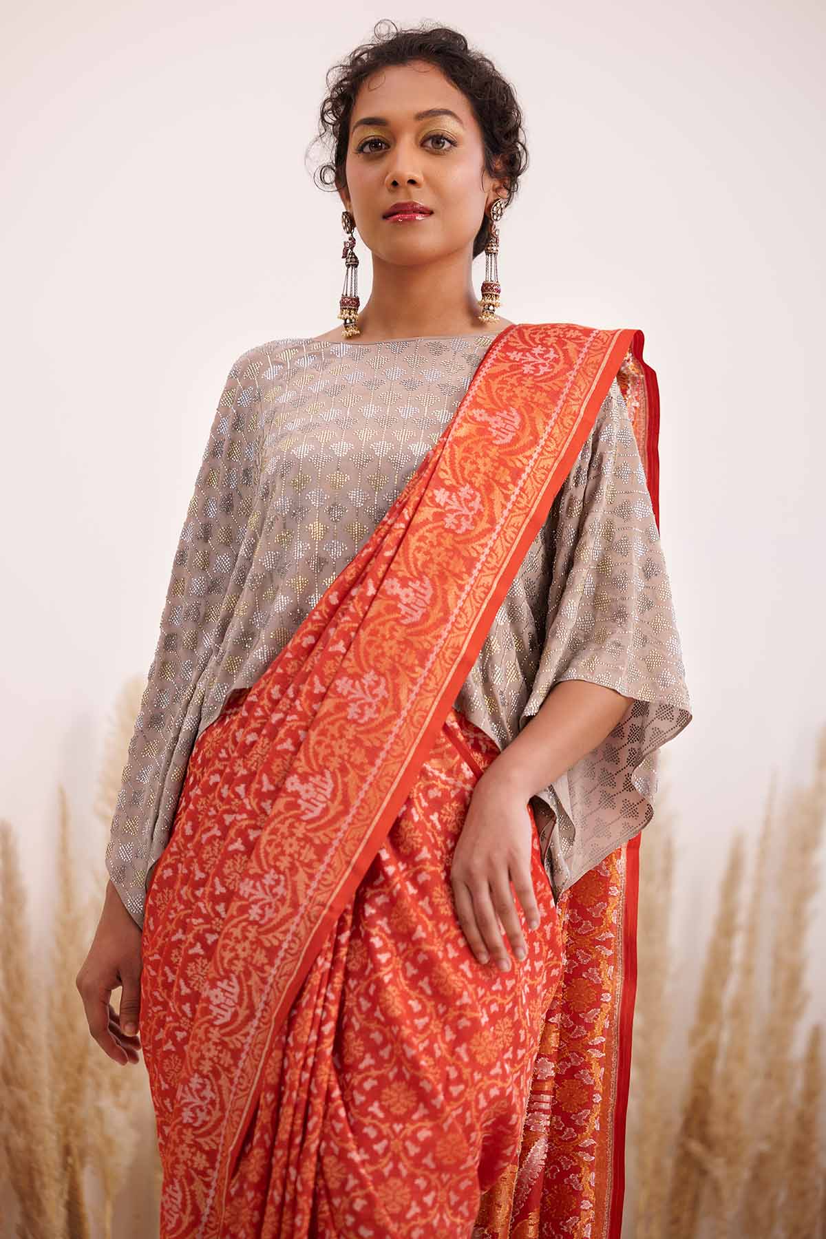 Red Saree & Grey Kaftan Blouse