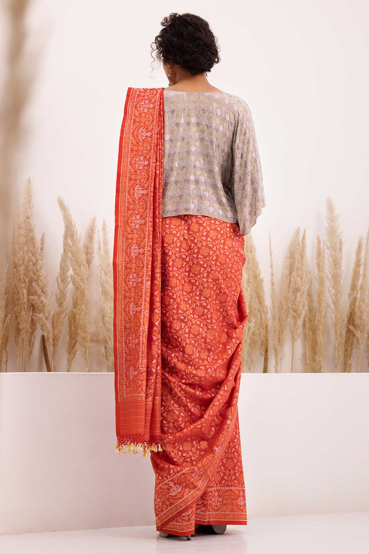 Red Saree & Grey Kaftan Blouse