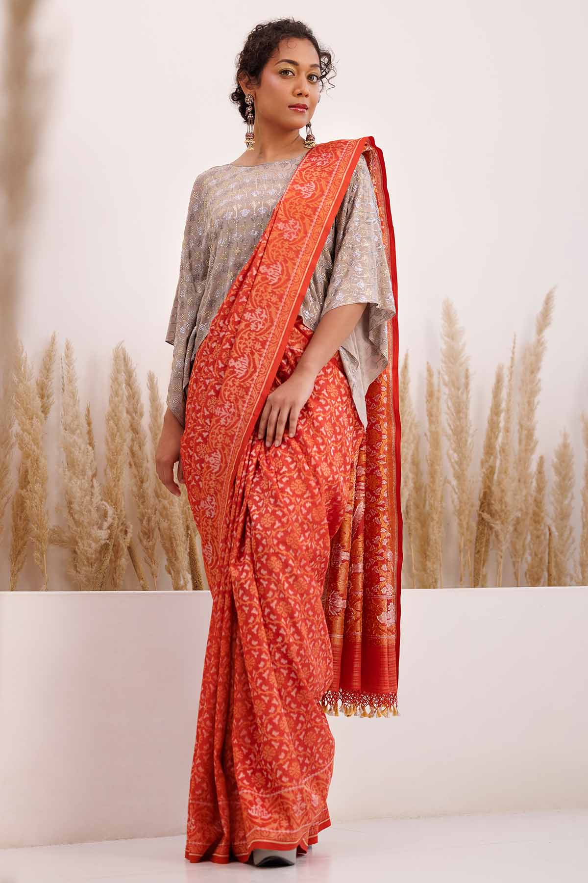 Red Saree & Grey Kaftan Blouse