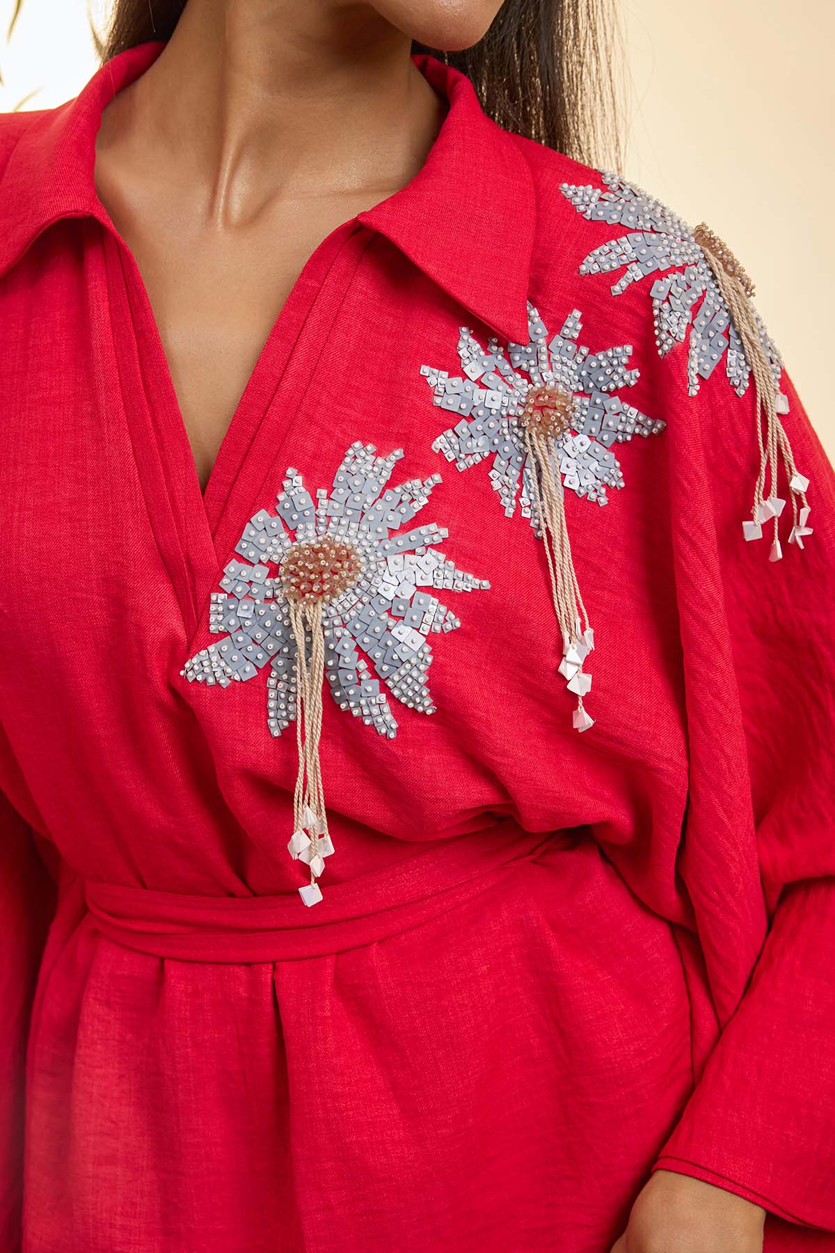 Red Sash Tie-Up Kaftan Dress