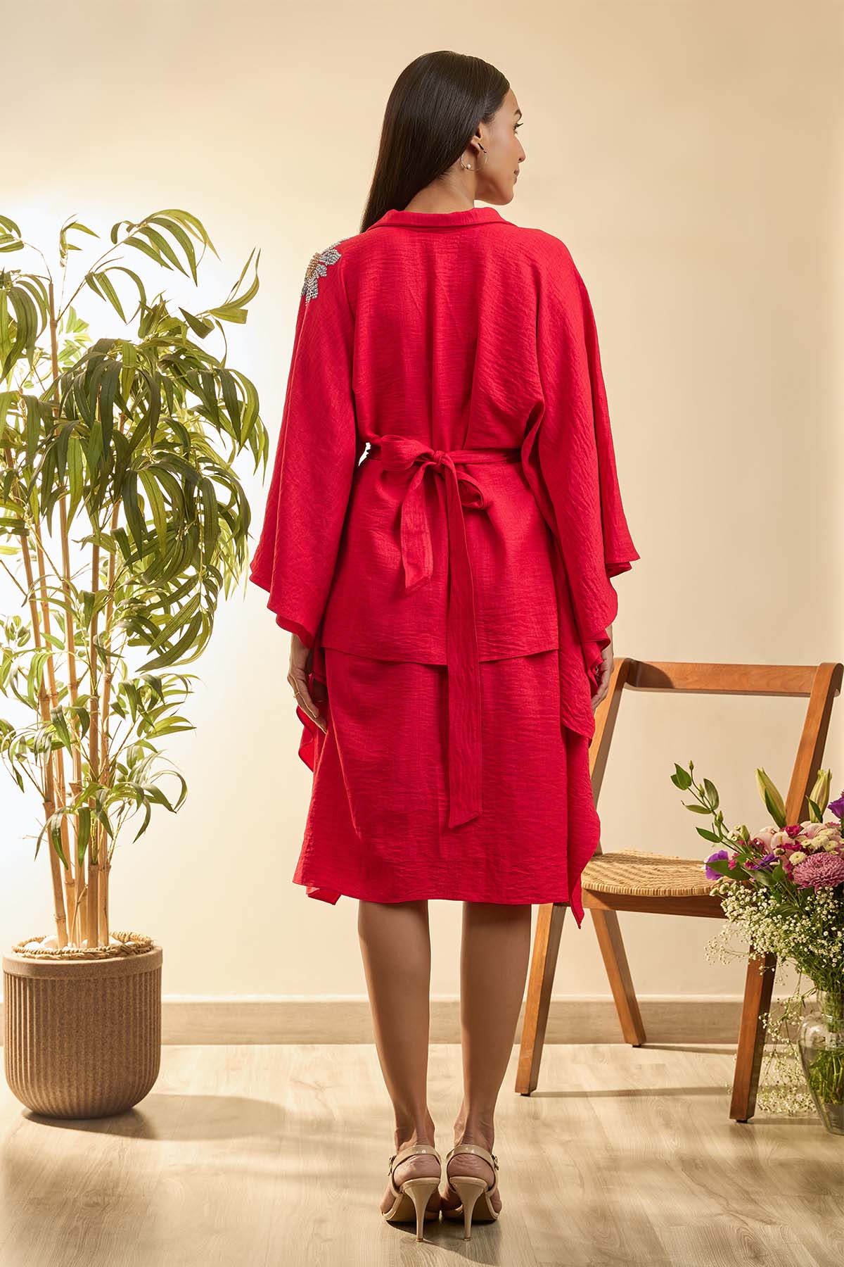 Red Sash Tie-Up Kaftan Dress