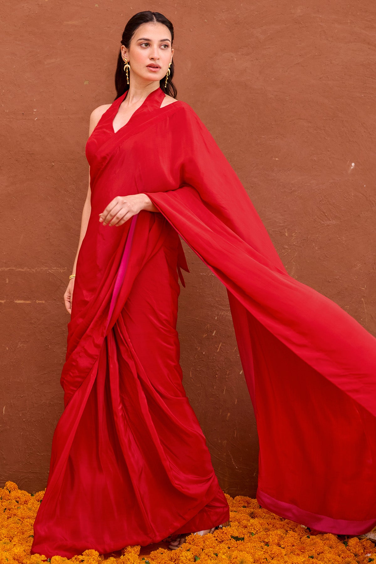 Red Satin Pre Draped Saree Set