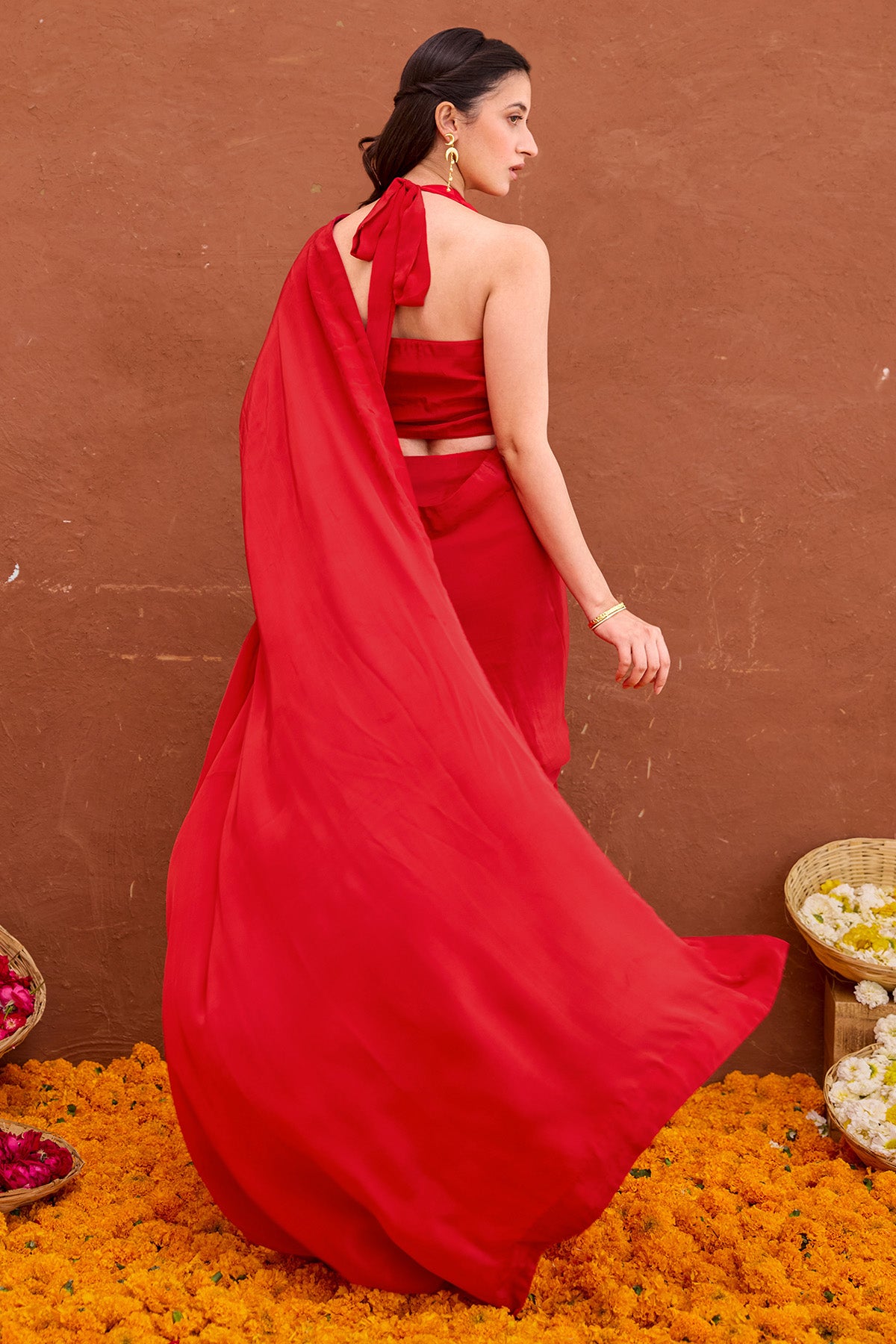 Red Satin Pre Draped Saree Set