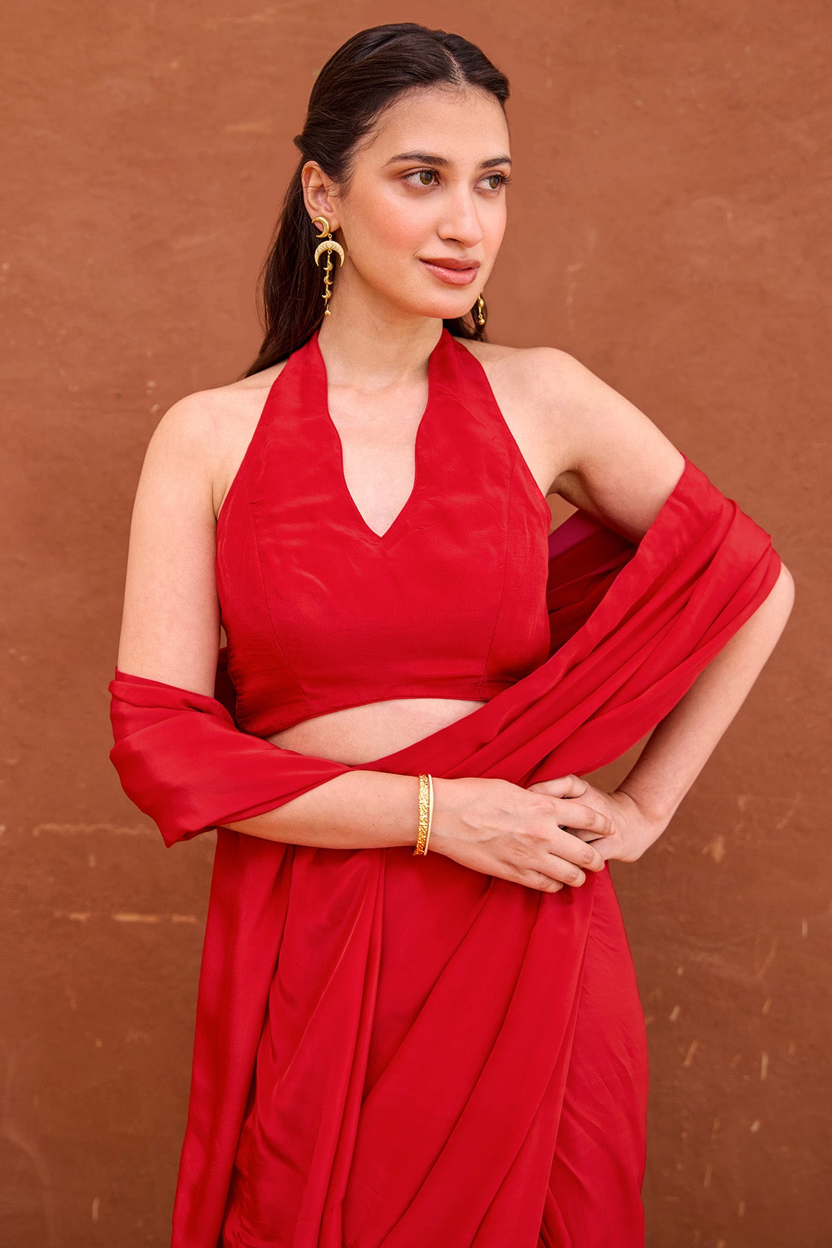 Red Satin Pre Draped Saree Set