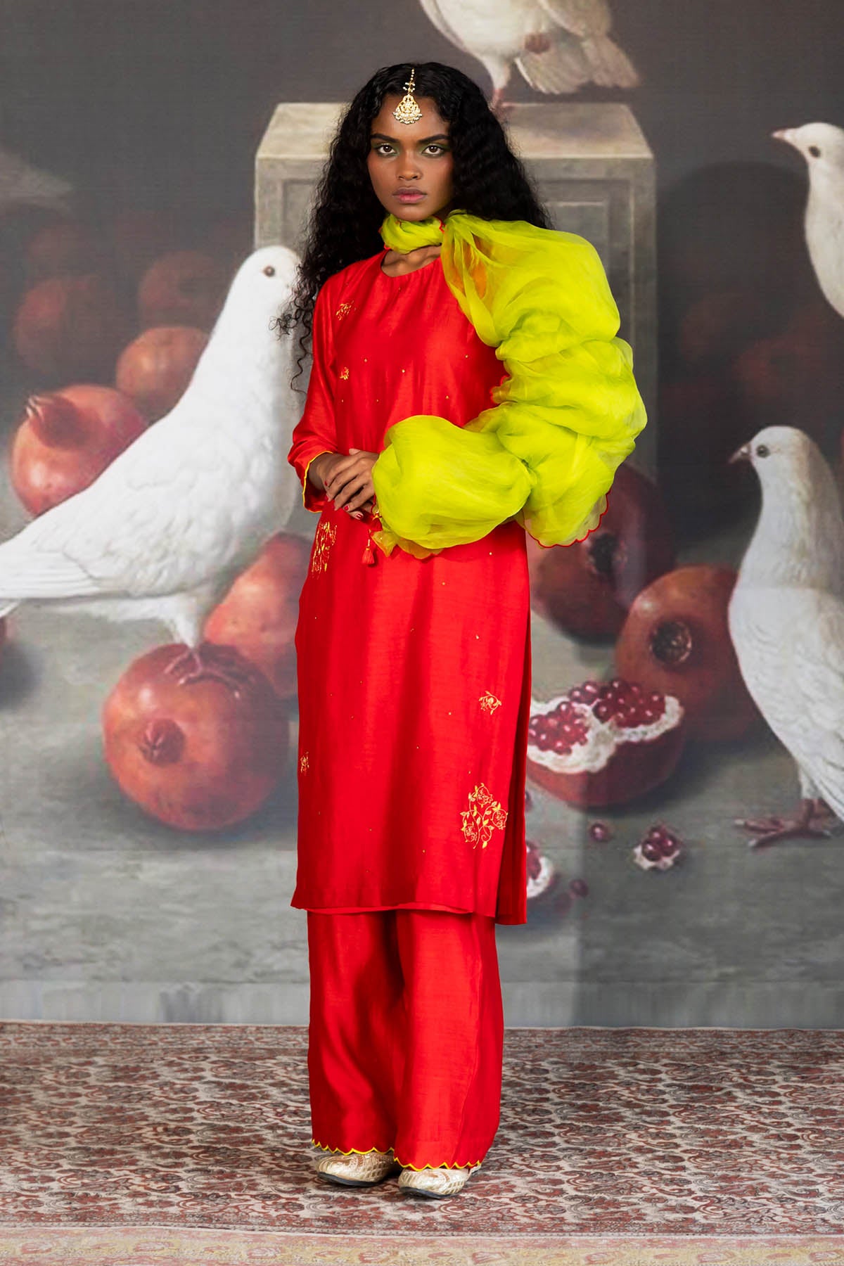 Red Scallop Embroidered Kurta