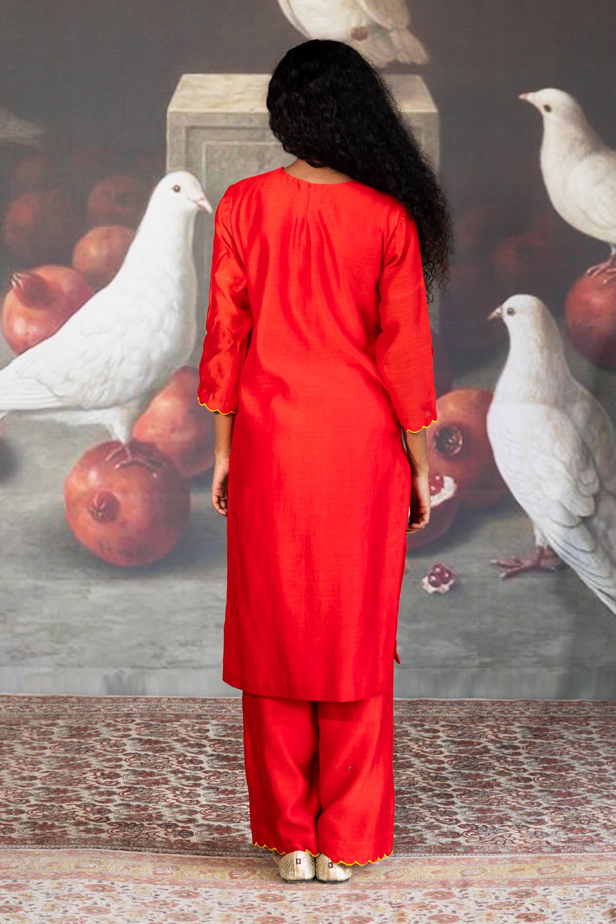 Red Scallop Embroidered Pants