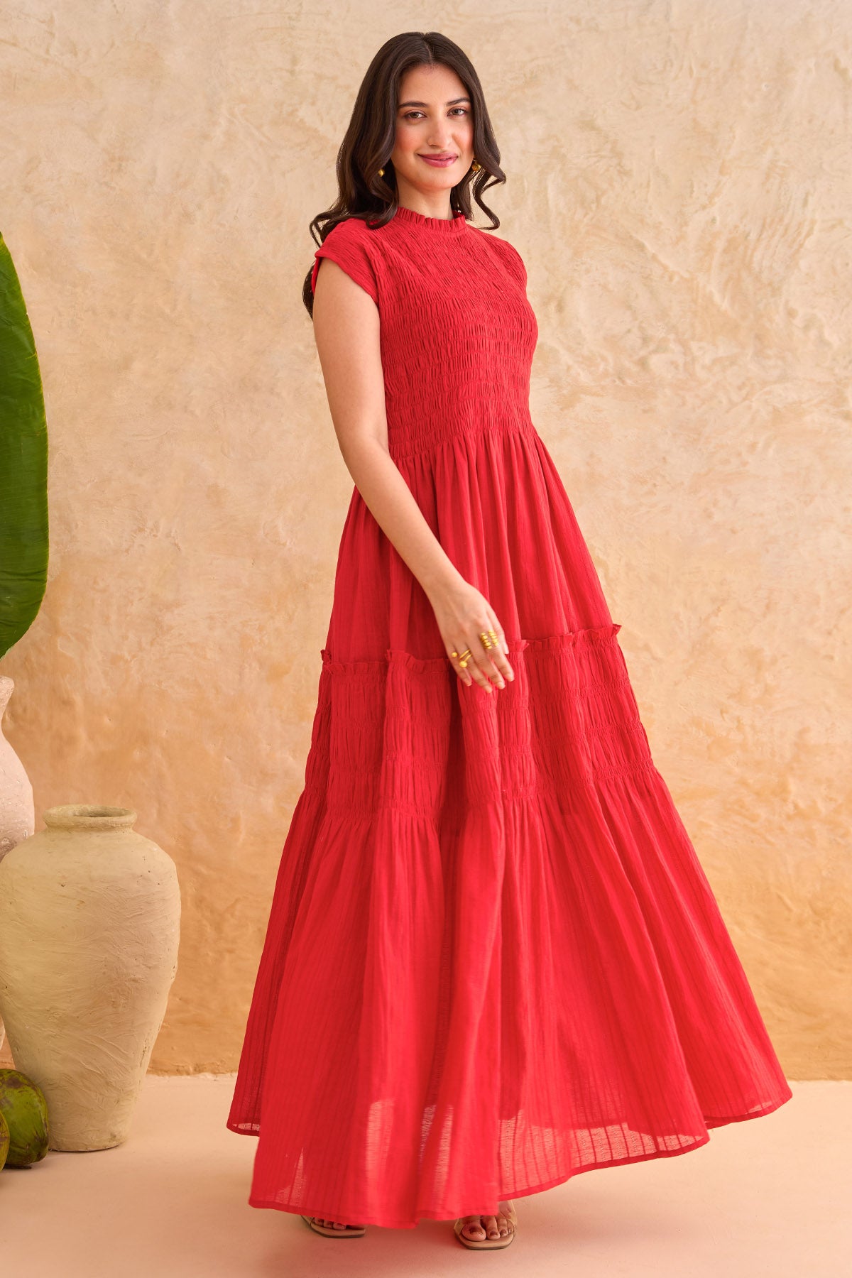 Red Self Textured Cotton Dress