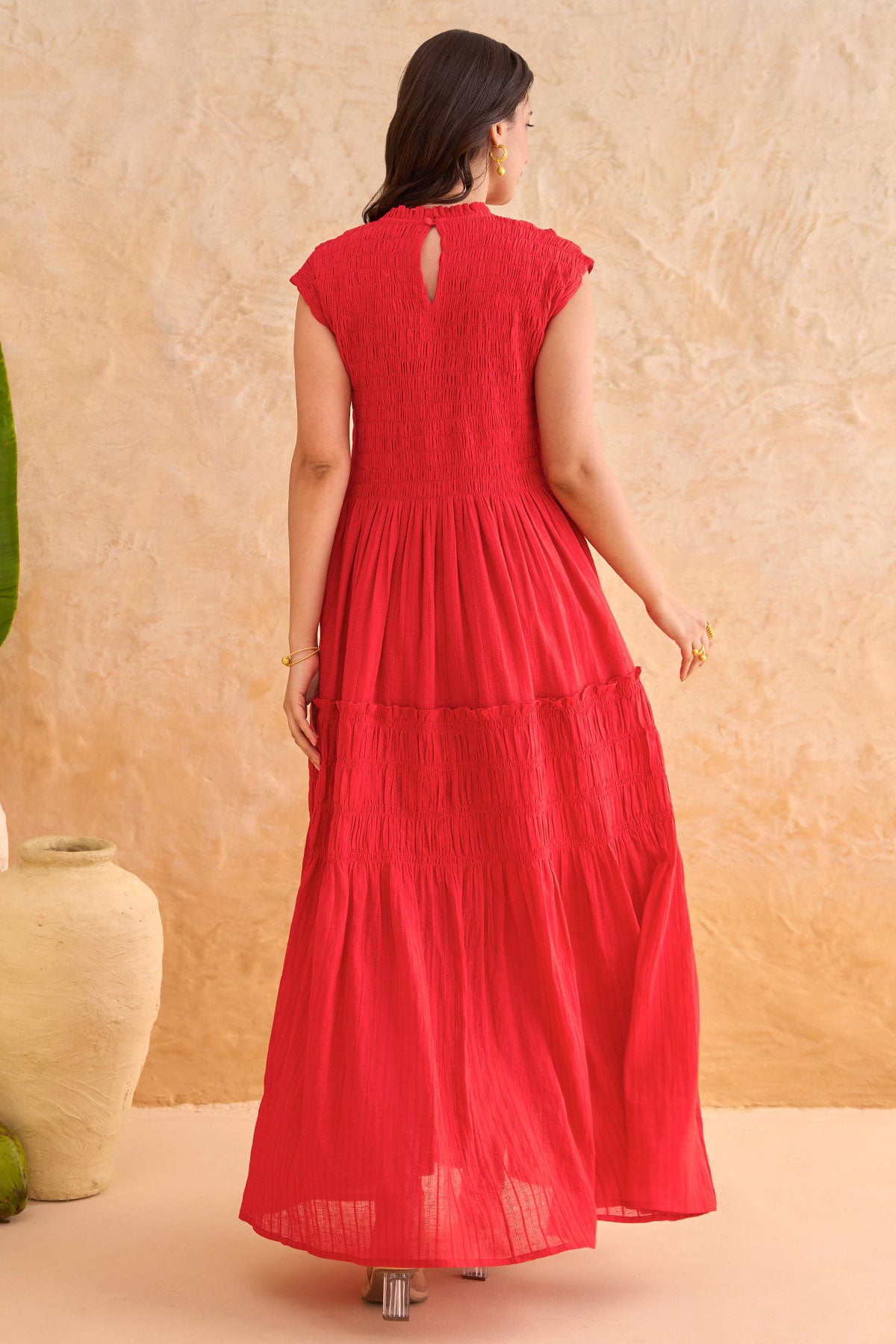 Red Self Textured Cotton Dress