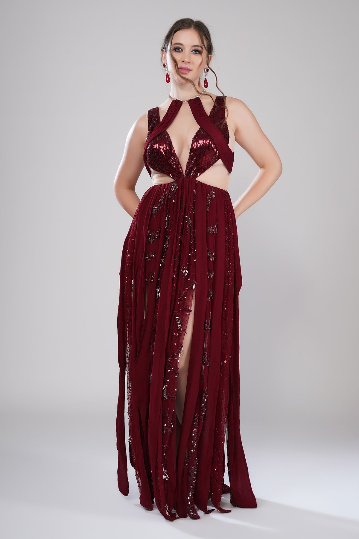 Red Sequins Embellished Gown