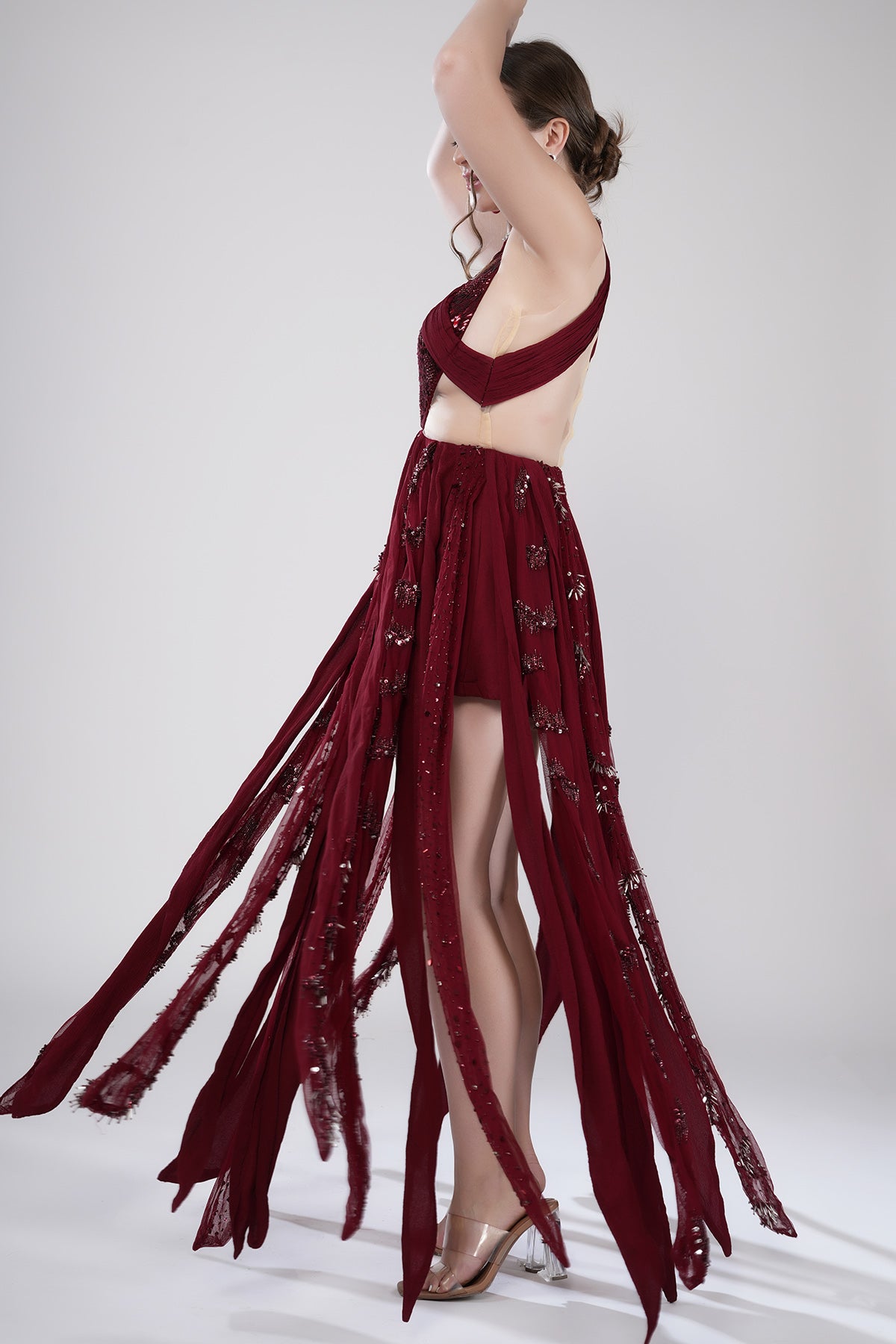 Red Sequins Embellished Gown