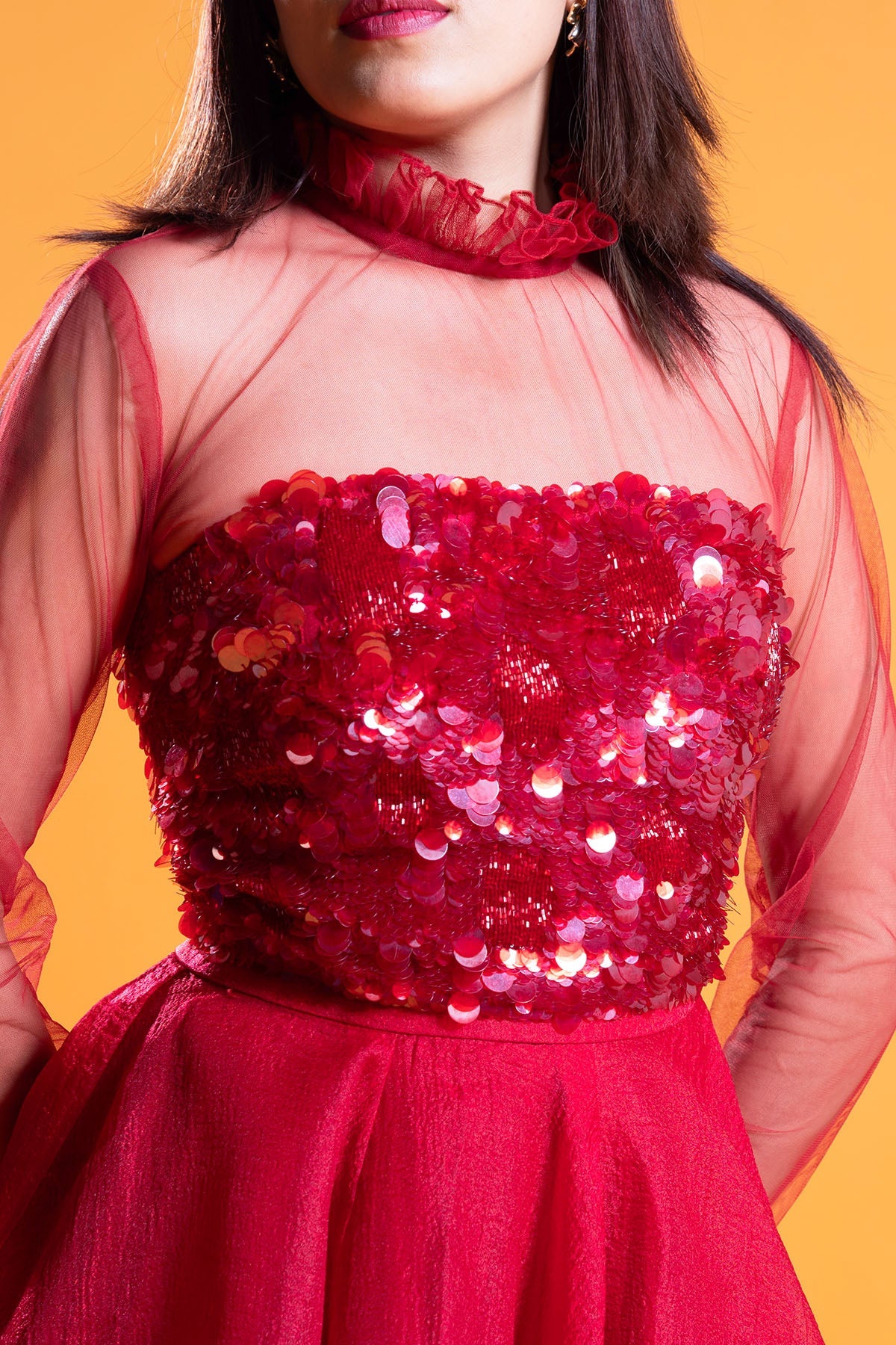 Red Sequins Embellished Top - Main Image