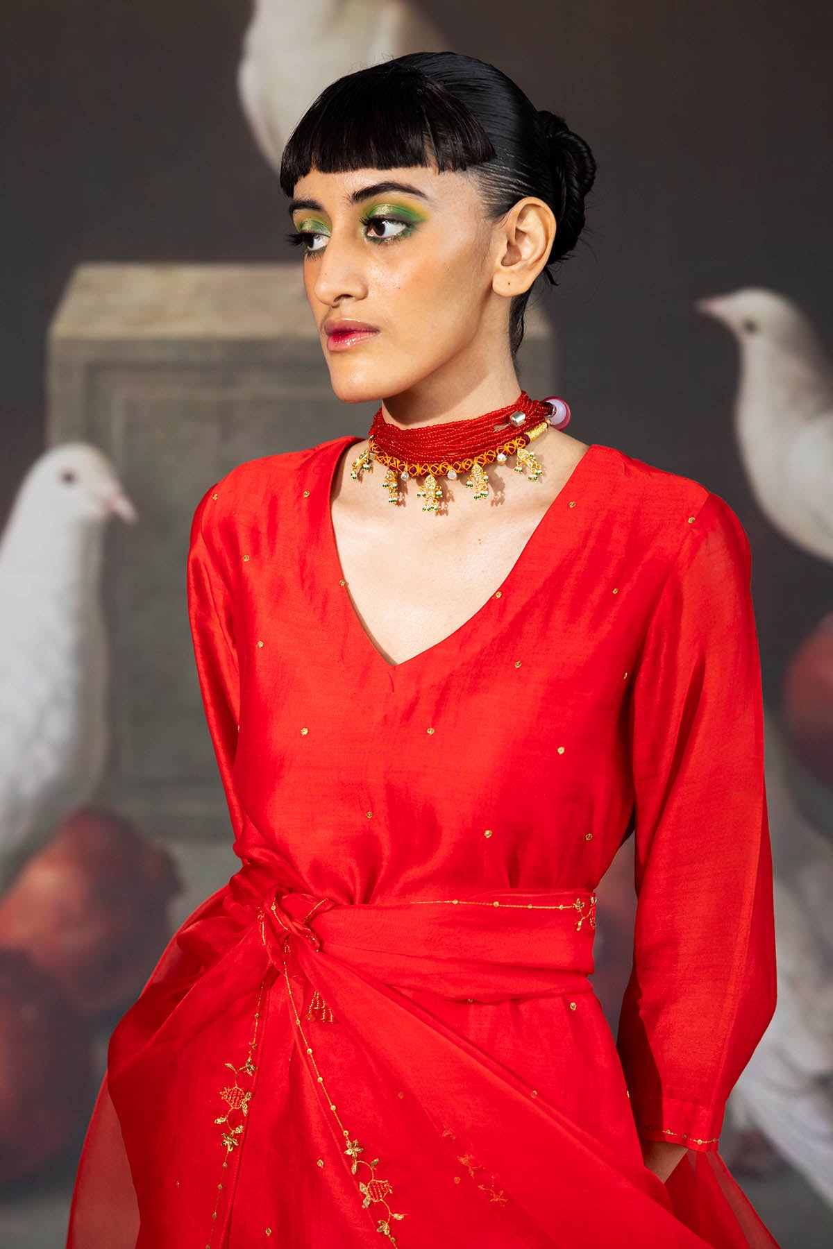 Red Sequins Embroidered Kurta
