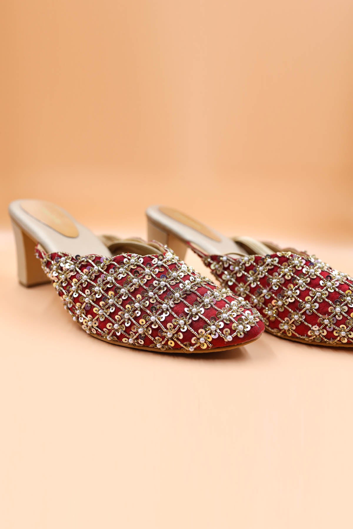 Red Sequins Embroidered Mules