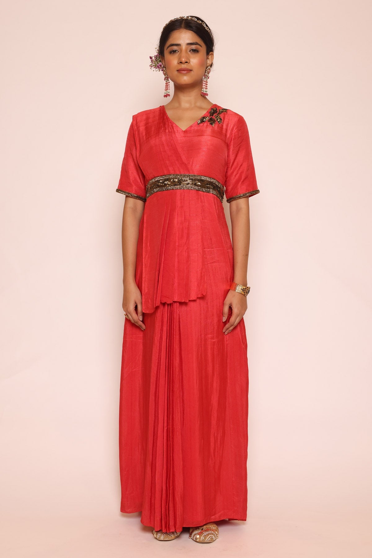 Red Sequins Pre Drape Saree at ScrollnShops