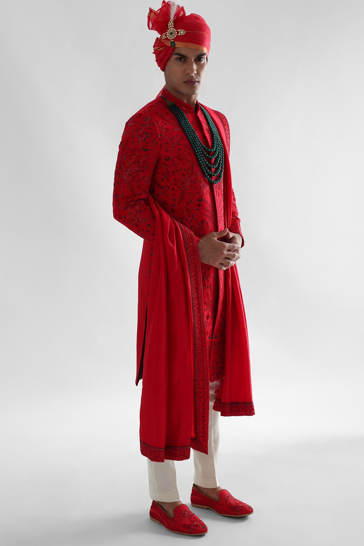 Red Sequins Work Sherwani Set
