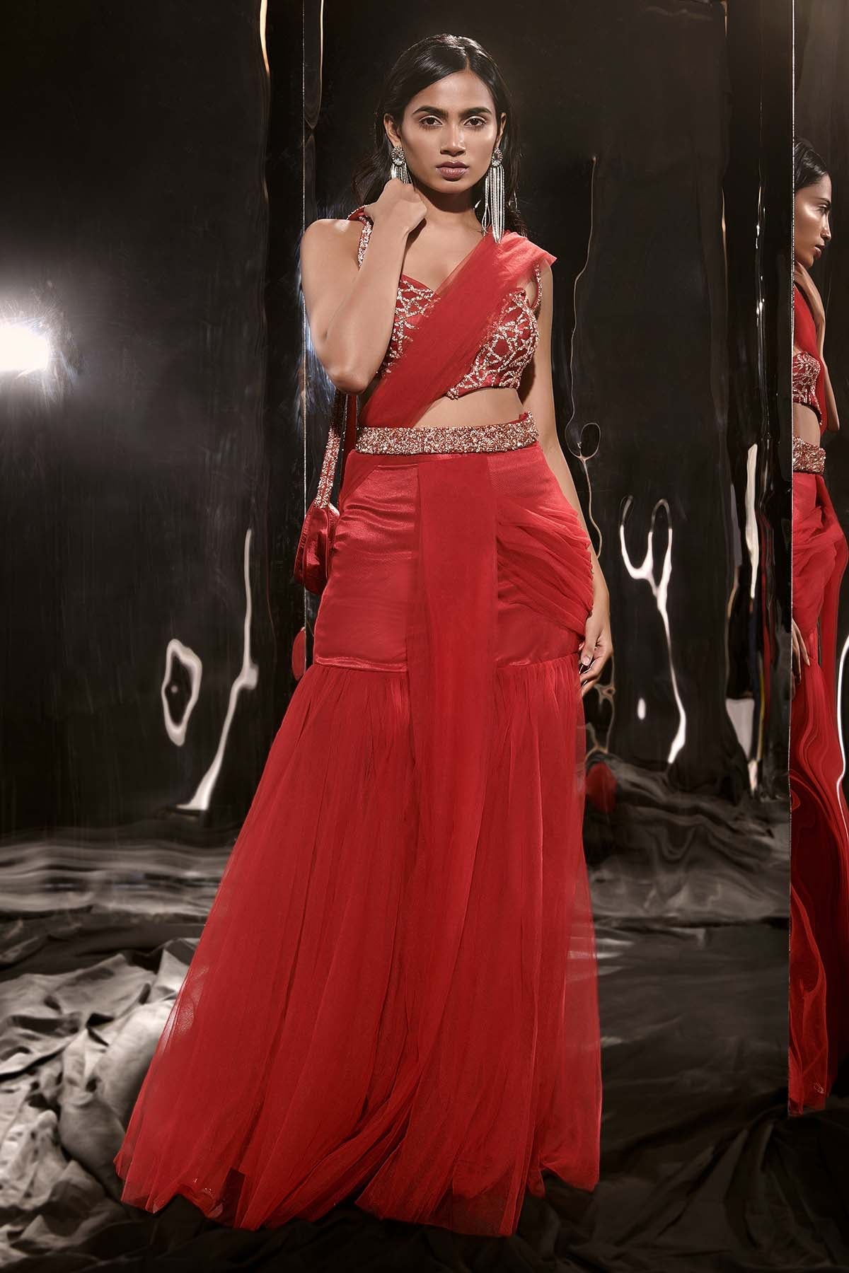 Buy Red Sharara Pre-Draped Saree by Masumi Mewawalla for women online at ScrollnShops