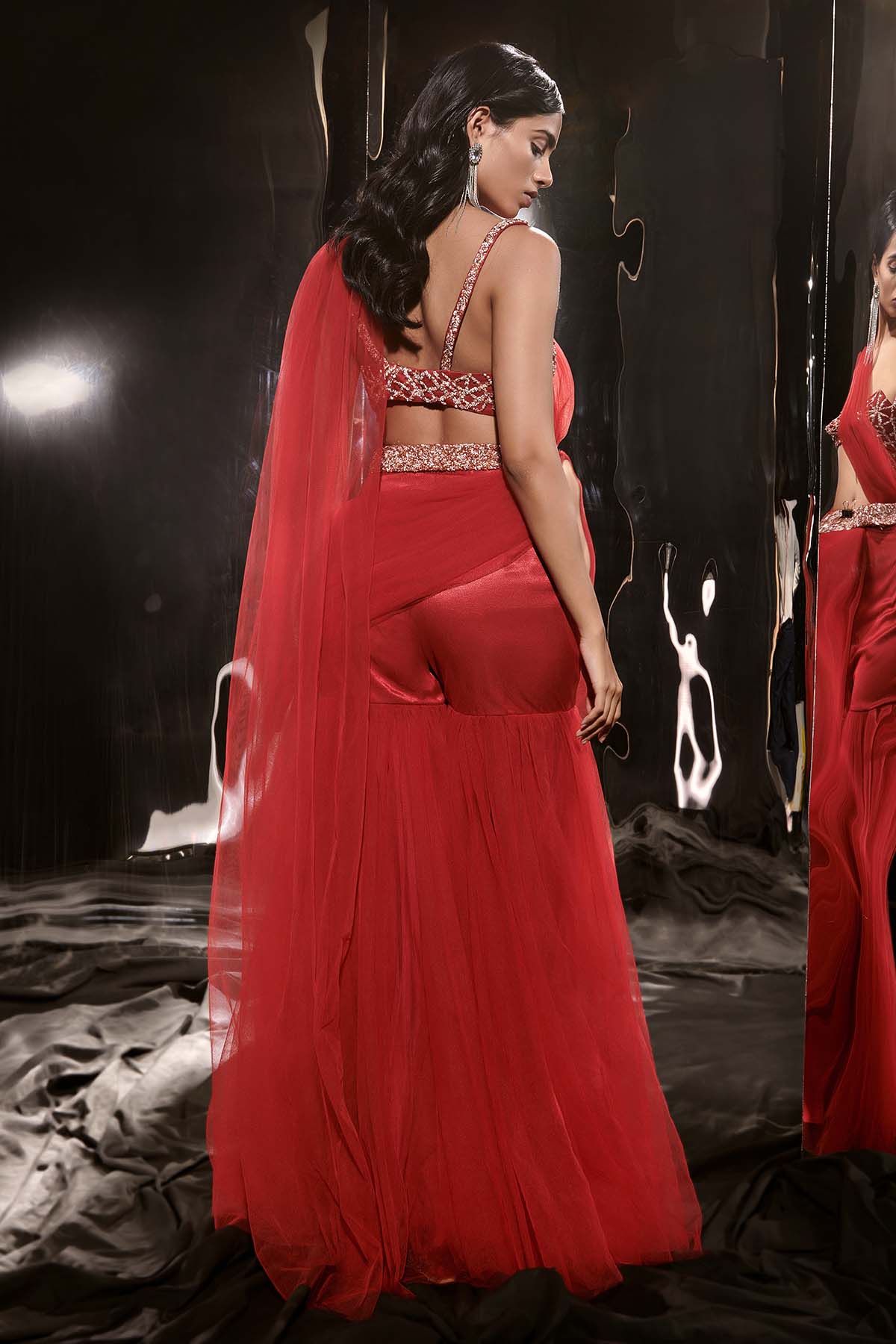 Red Sharara Pre-Draped Saree