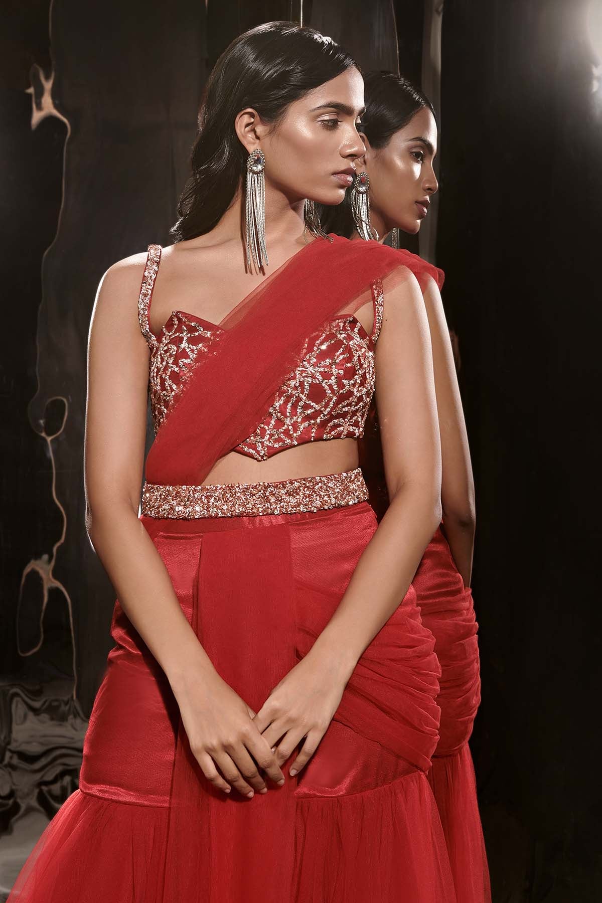 Red Sharara Pre-Draped Saree